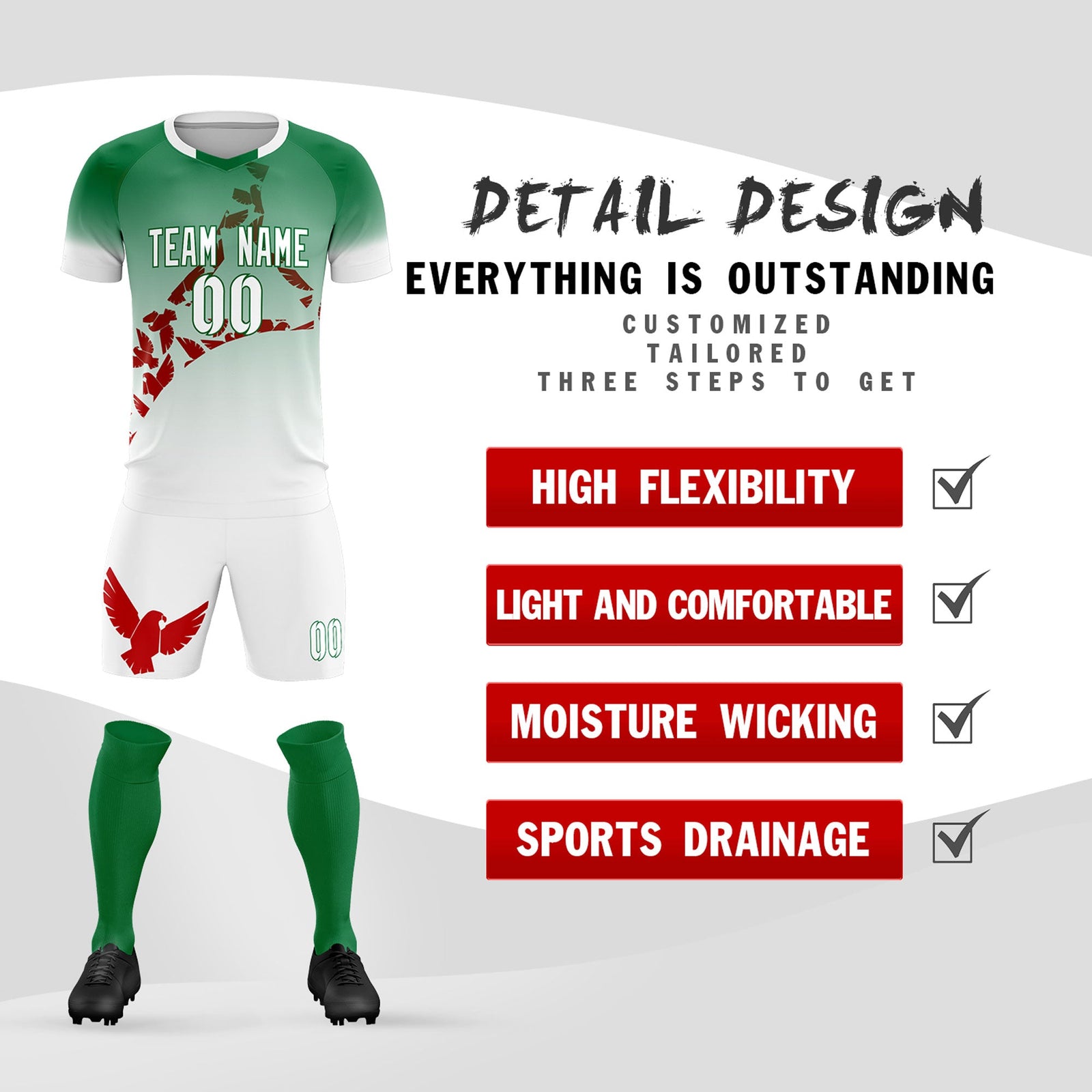 Custom Kelly Green Red Mexico Eagle World Cup Inspired Wrinkle-Resistant Gradient Fashion Soccer Sets Jersey