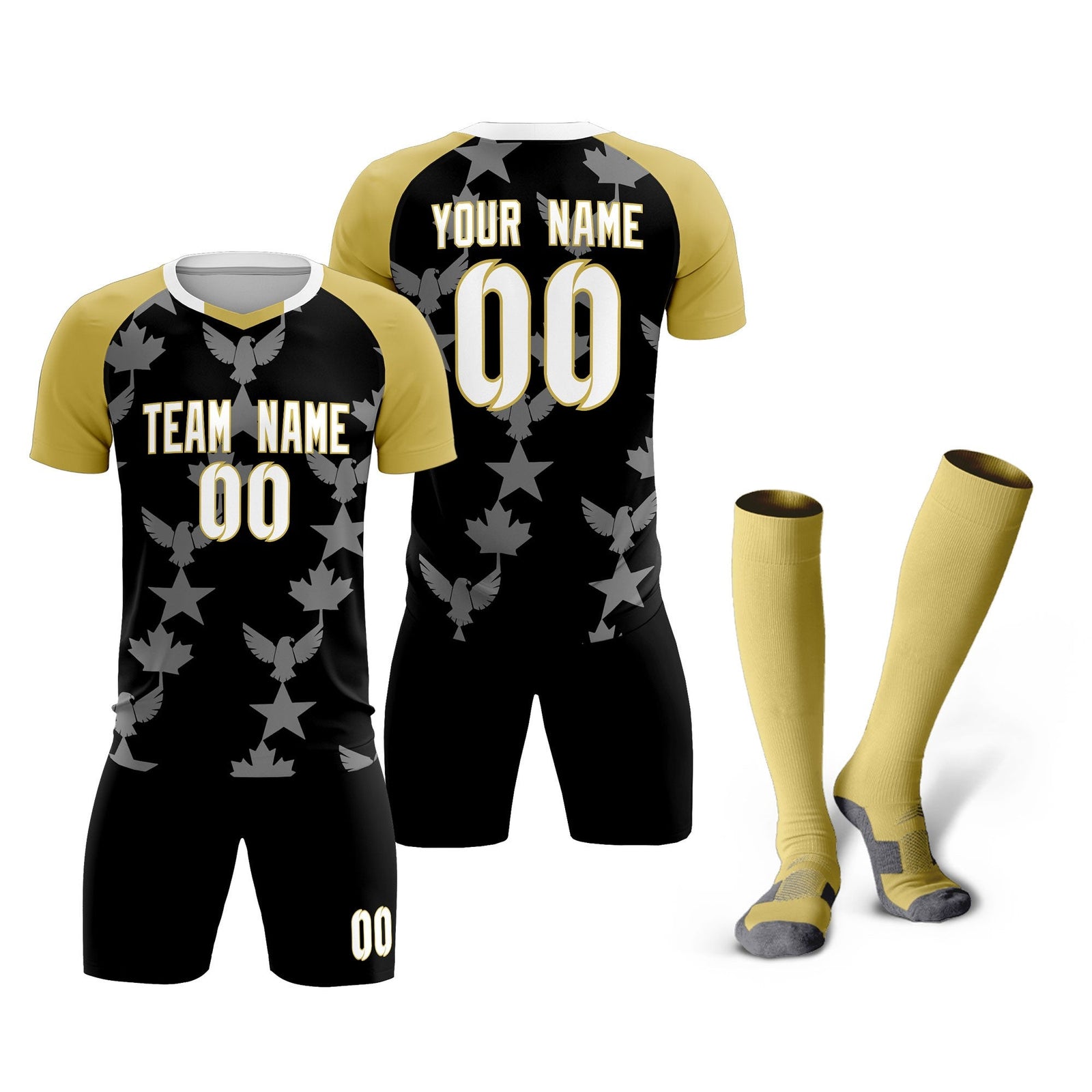 Custom Old Gold Black World Cup Inspired Breathable&Quick-Drying Training Uniform Raglan Sleeve Soccer Sets Jersey