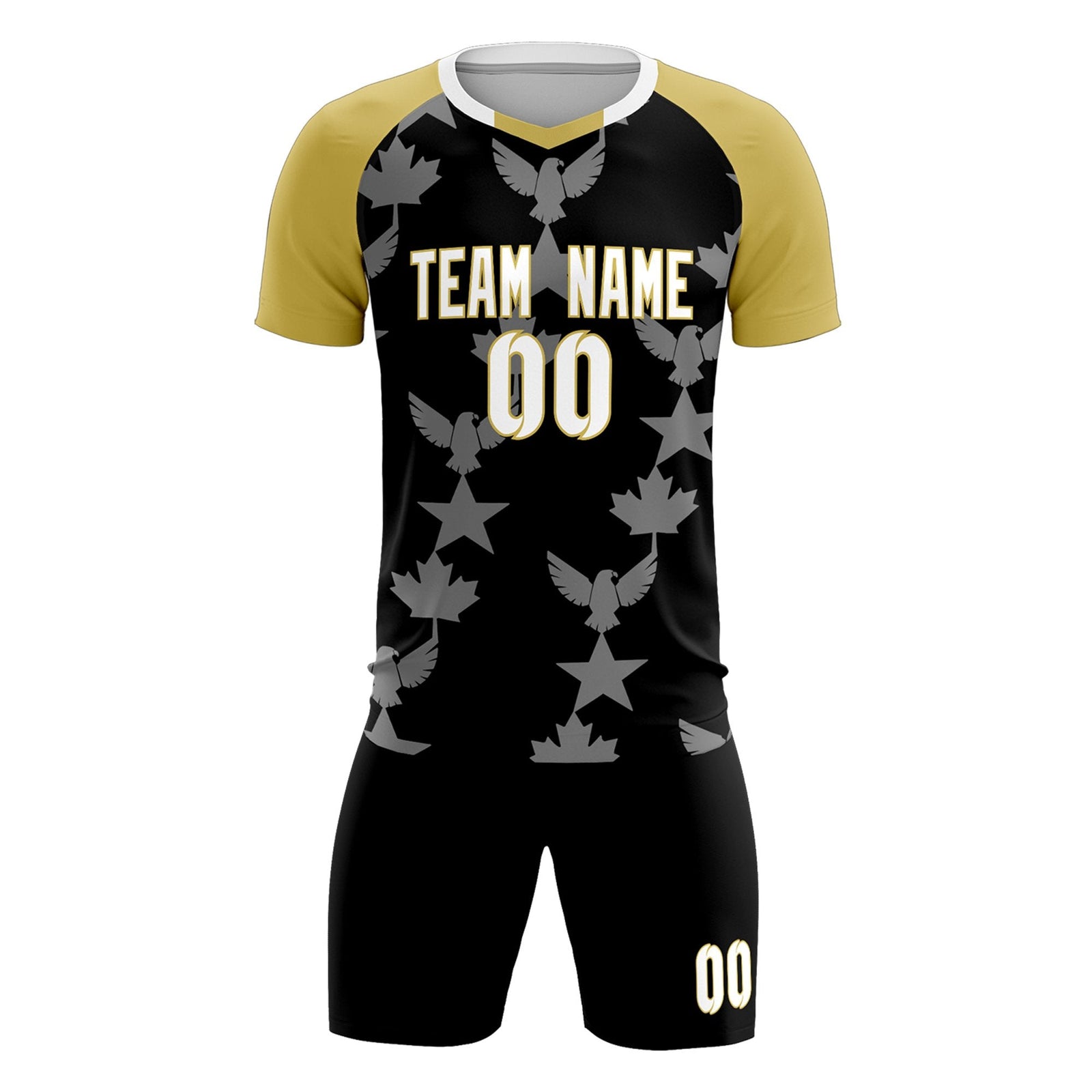 Custom Old Gold Black World Cup Inspired Breathable&Quick-Drying Training Uniform Raglan Sleeve Soccer Sets Jersey