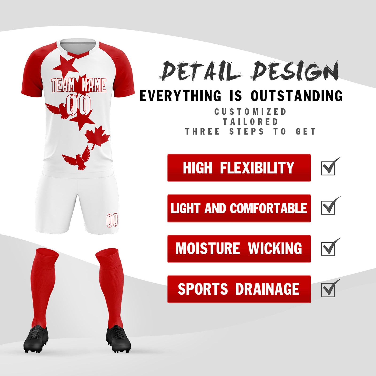 Custom Red White World Cup Inspired Lightweight&Drapable Training Uniform Raglan Sleeve Soccer Sets Jersey