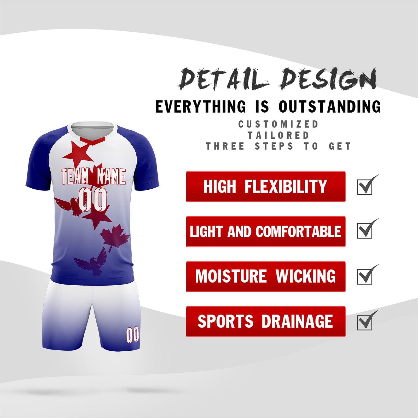 Custom Royal White World Cup Inspired Lightweight&Drapable Training Uniform Gradient Fashion Soccer Sets Jersey