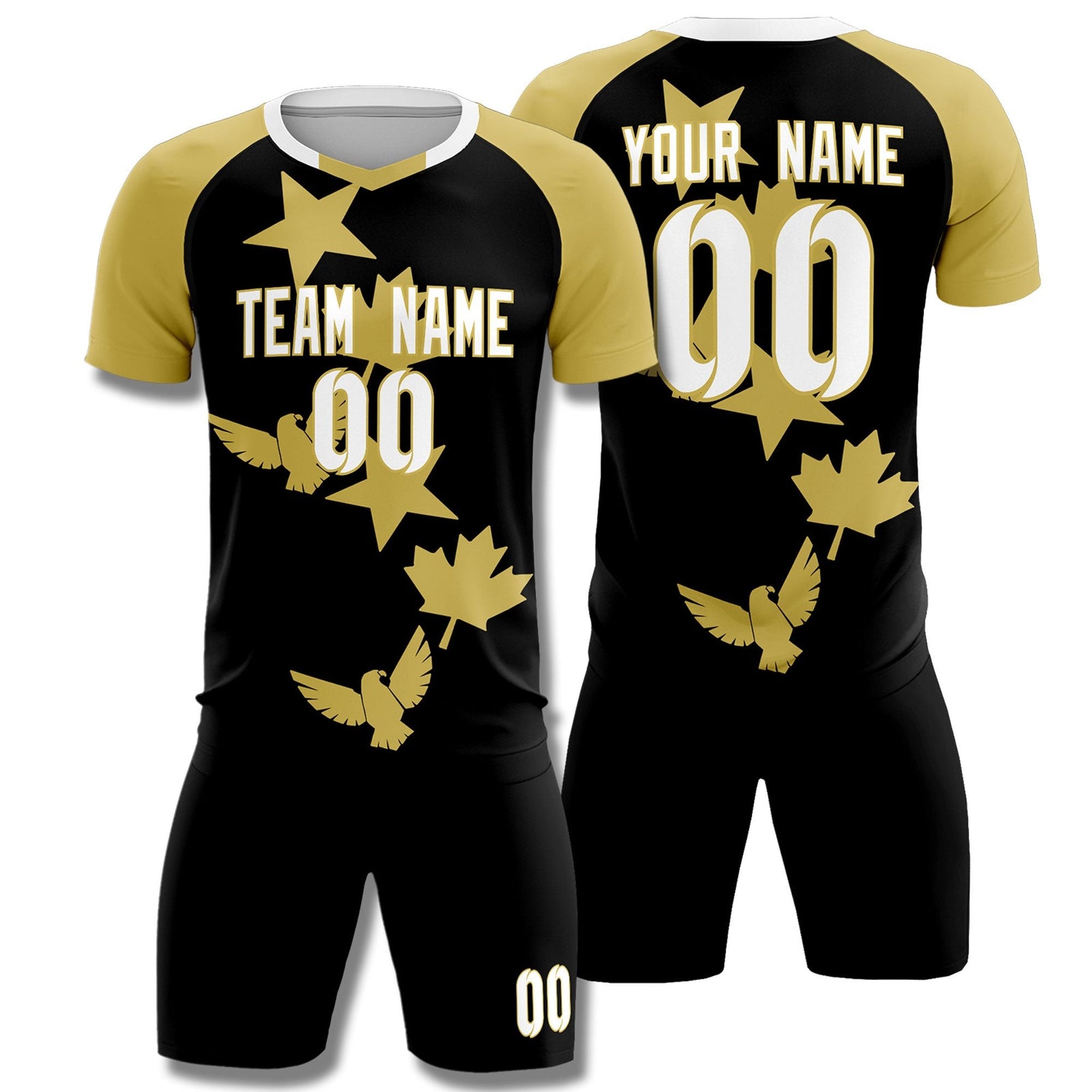 Custom Old Gold Black World Cup Inspired Wrinkle-Resistant Training Uniform Raglan Sleeve Soccer Sets Jersey