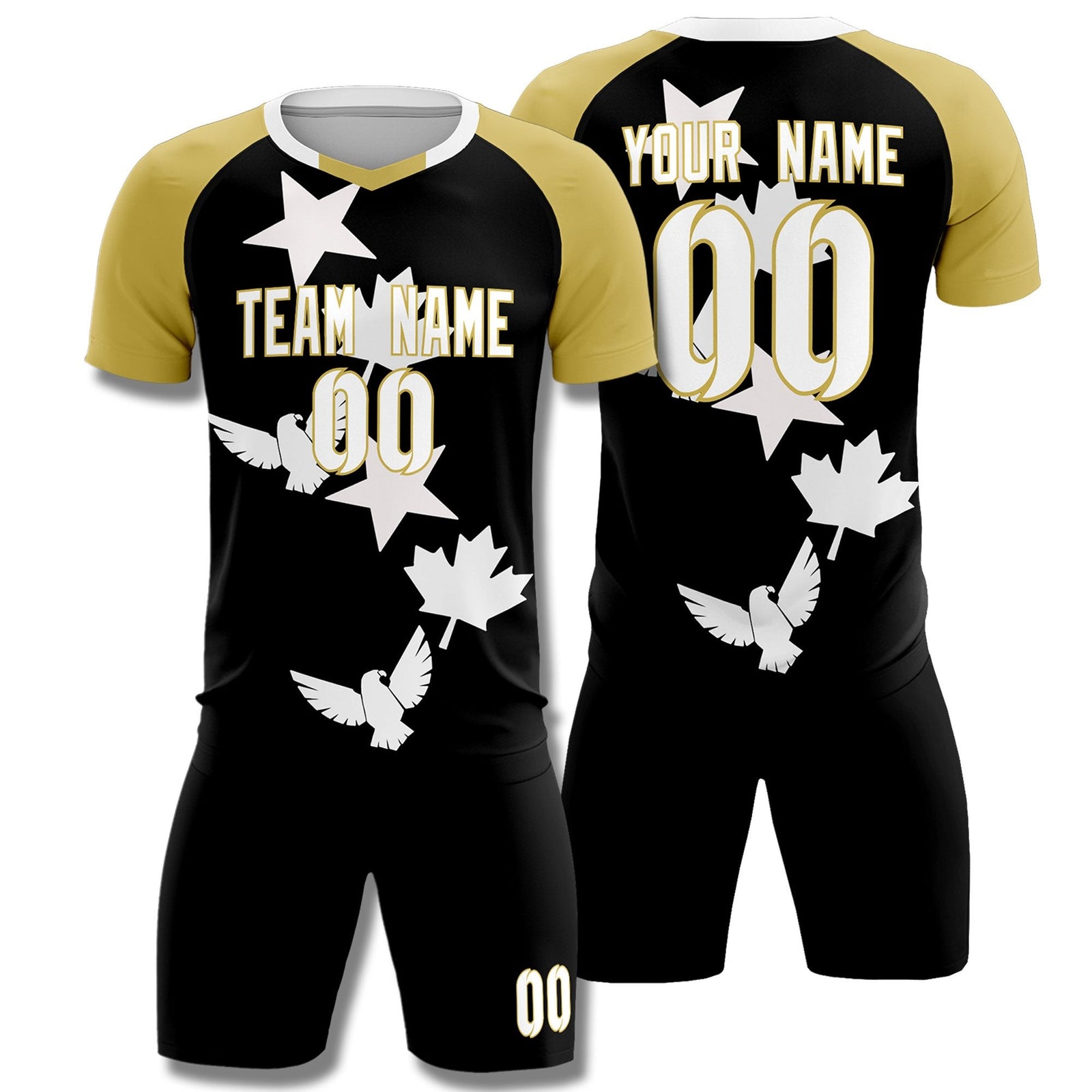 Custom Old Gold Black World Cup Inspired Quick-Drying Training Uniform Raglan Sleeve Soccer Sets Jersey