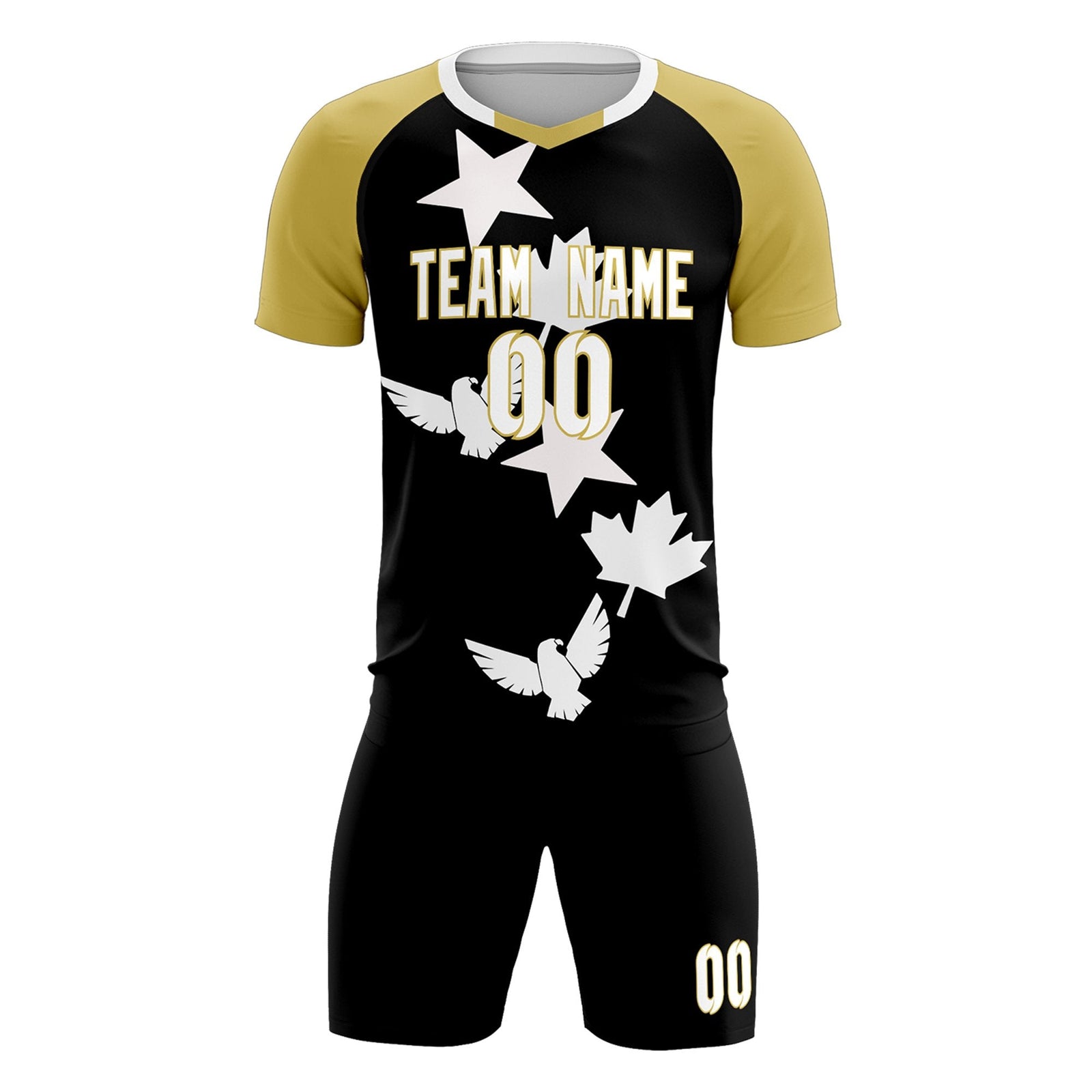 Custom Old Gold Black World Cup Inspired Quick-Drying Training Uniform Raglan Sleeve Soccer Sets Jersey