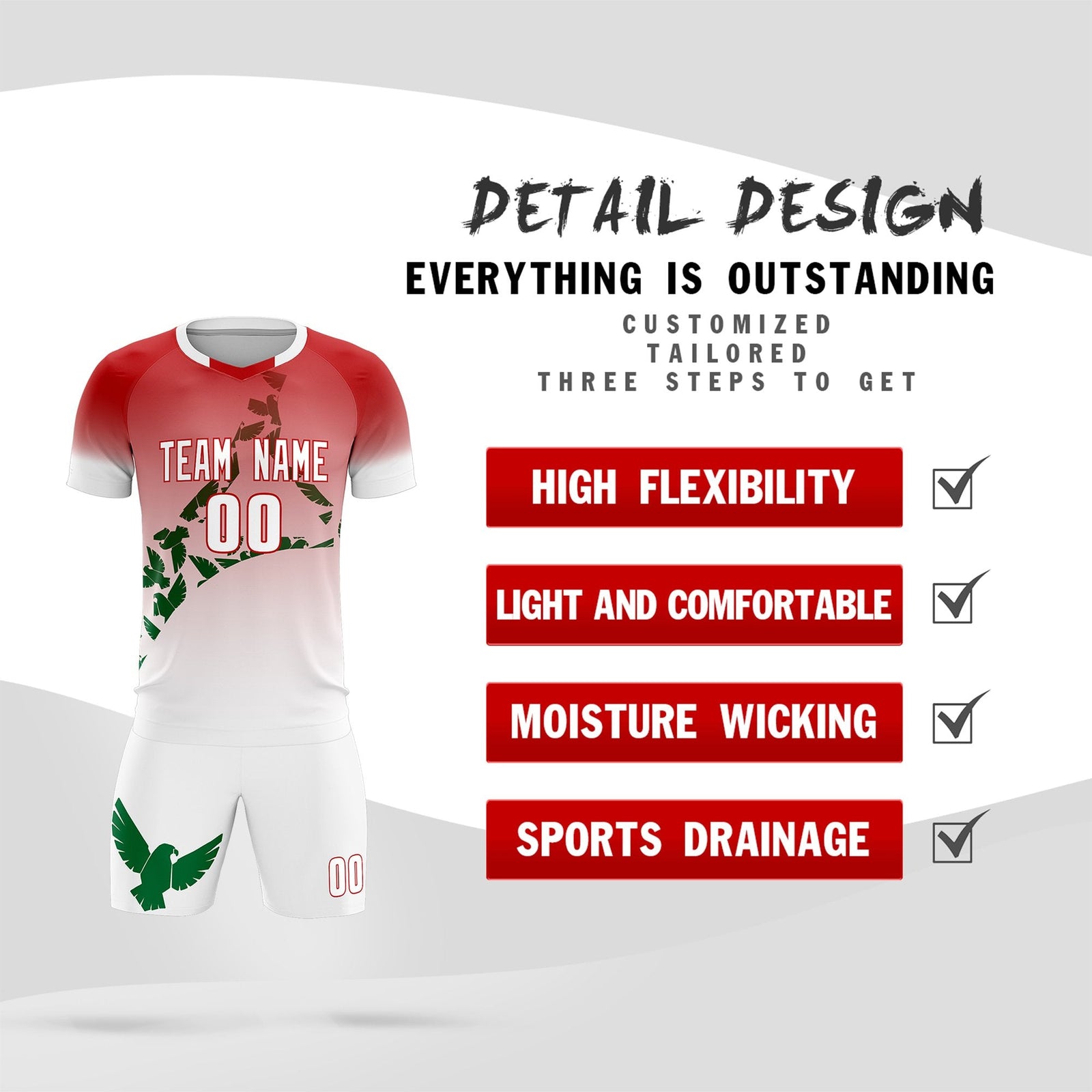 Custom Red Kelly Green Mexico Eagle World Cup Inspired Breathable Gradient Fashion Soccer Sets Jersey