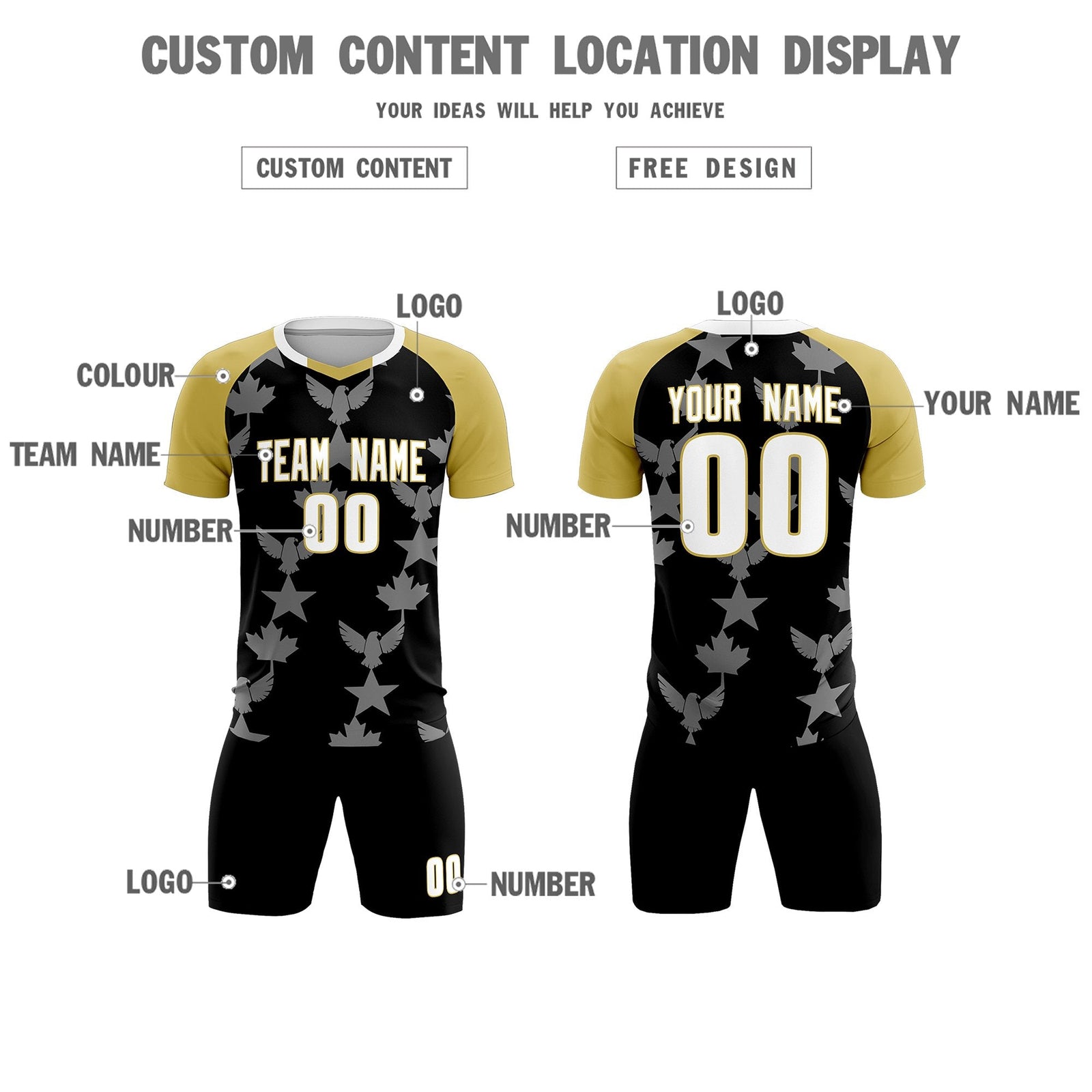 Custom Old Gold Black World Cup Inspired Breathable&Quick-Drying Training Uniform Raglan Sleeve Soccer Sets Jersey