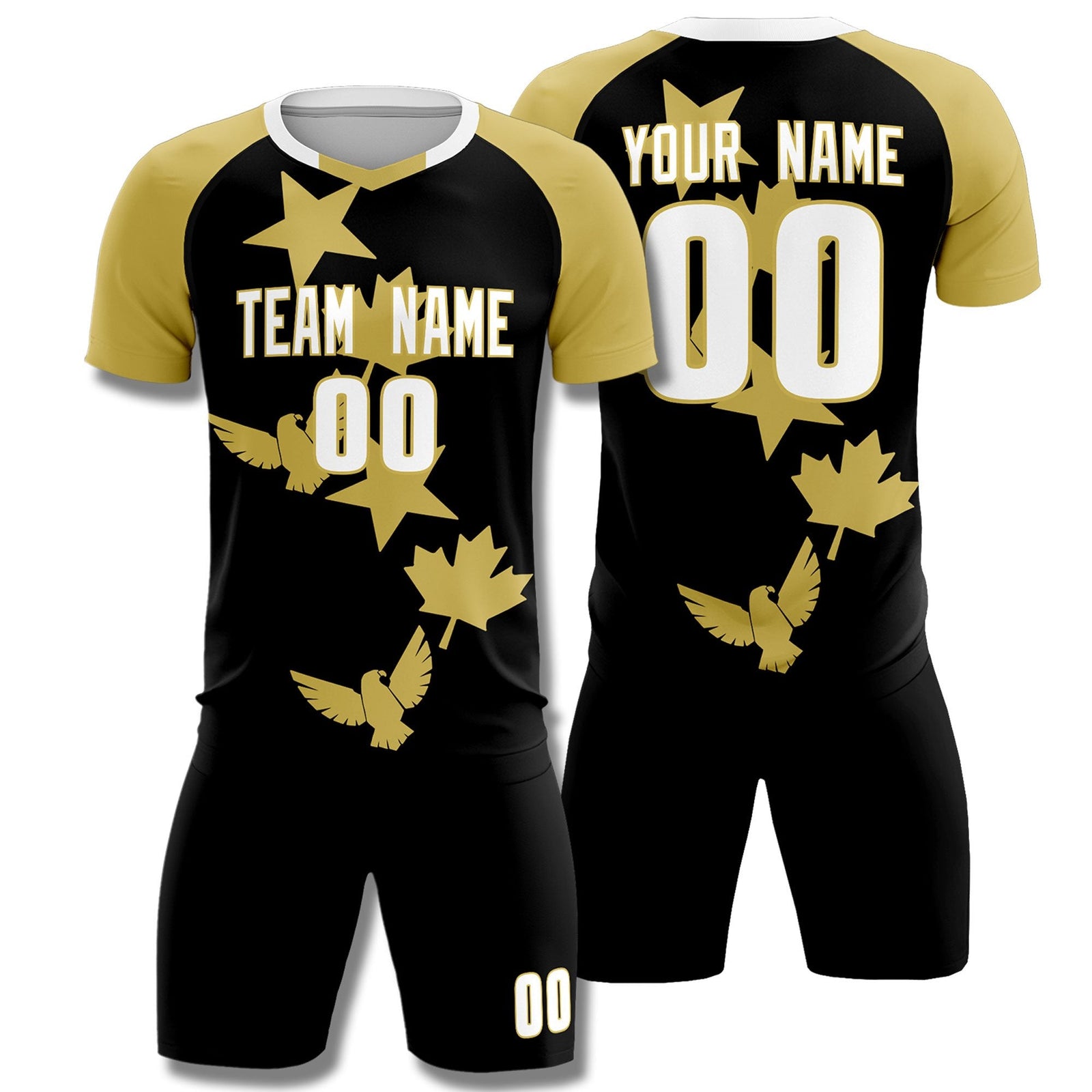 Custom Old Gold Black World Cup Inspired Wrinkle-Resistant Training Uniform Raglan Sleeve Soccer Sets Jersey