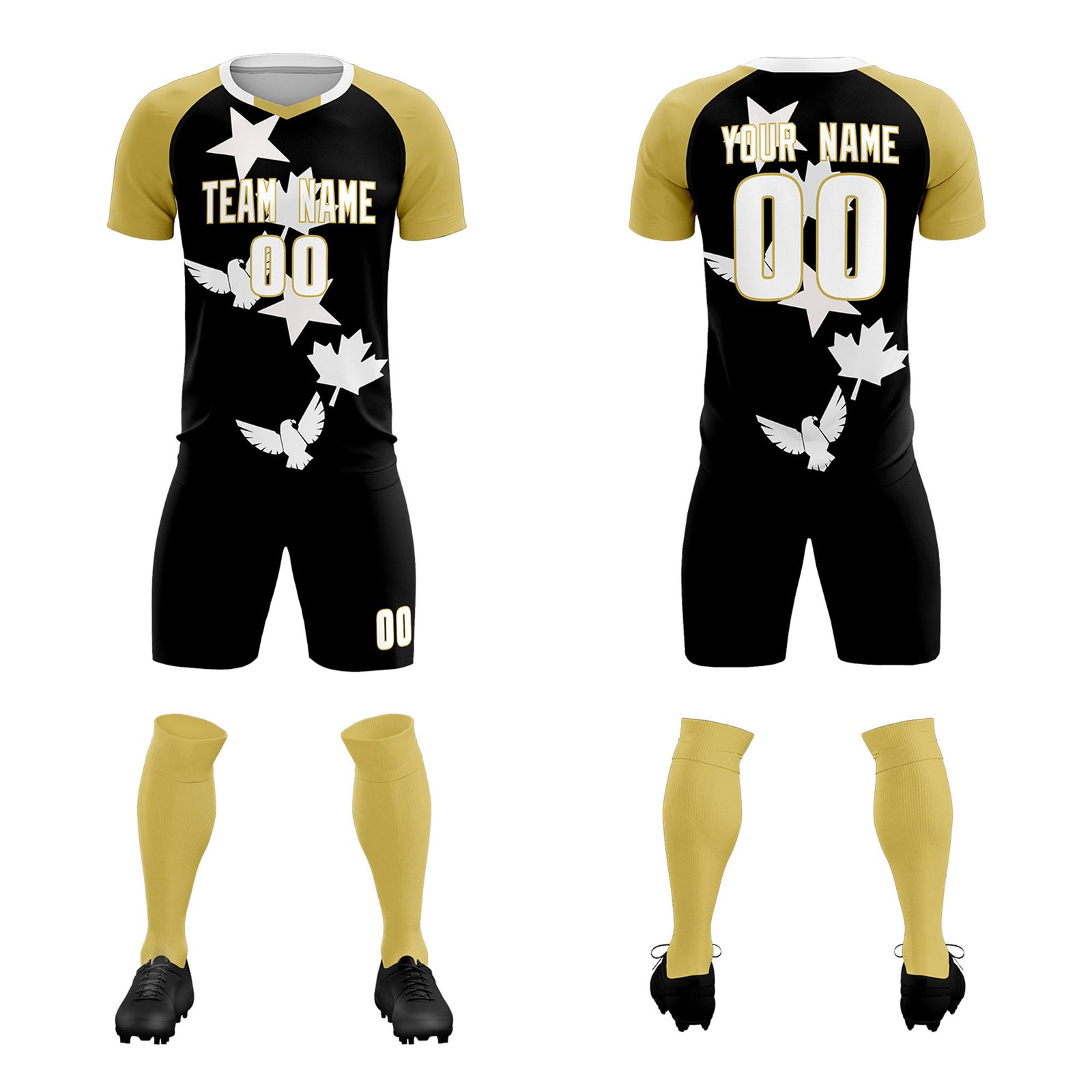Custom Old Gold Black World Cup Inspired Quick-Drying Training Uniform Raglan Sleeve Soccer Sets Jersey