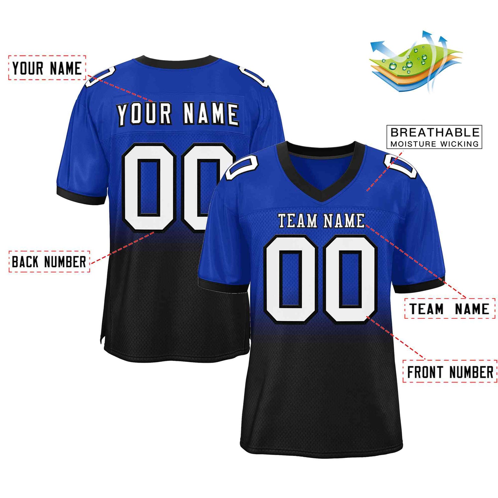 Custom Royal Black White-Black Gradient Fashion Outdoor Authentic Football Jersey