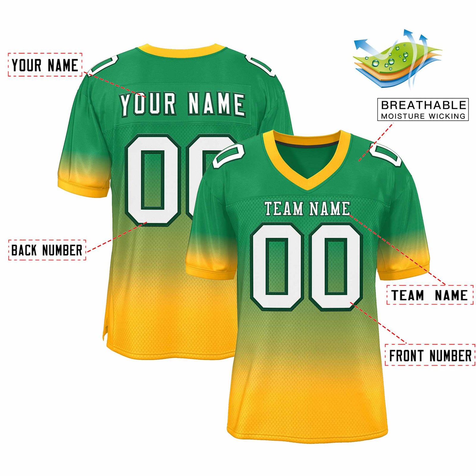 Custom Green Yellow-White Gradient Fashion Personalized Team Football Jersey