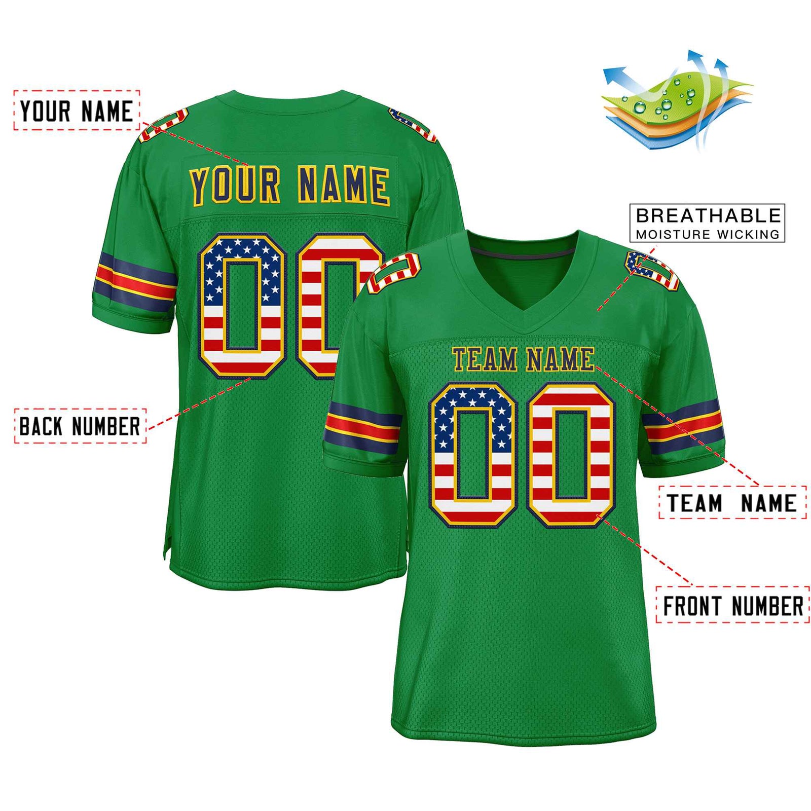 Custom Kelly Green Navy-Gold Classic Style Authentic Football Jersey
