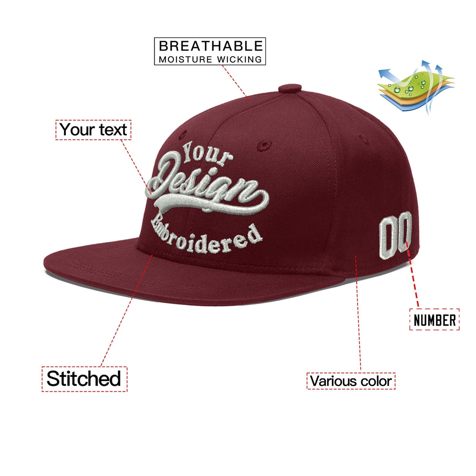 Custom Maroon 3D Puff Embroidery Flat Embroidery Casual Sport Baseball Cap