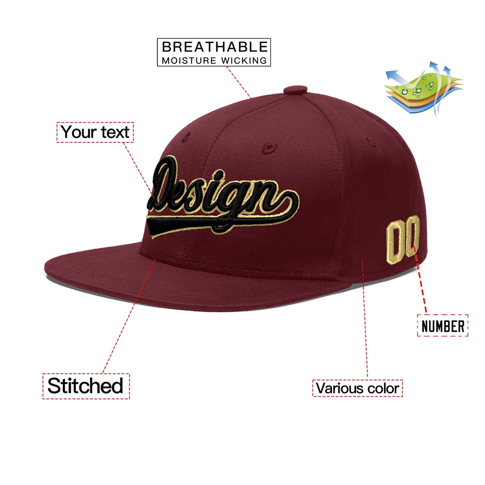 Custom Maroon 3D Puff Embroidery Flat Embroidery Casual Sport Baseball Cap