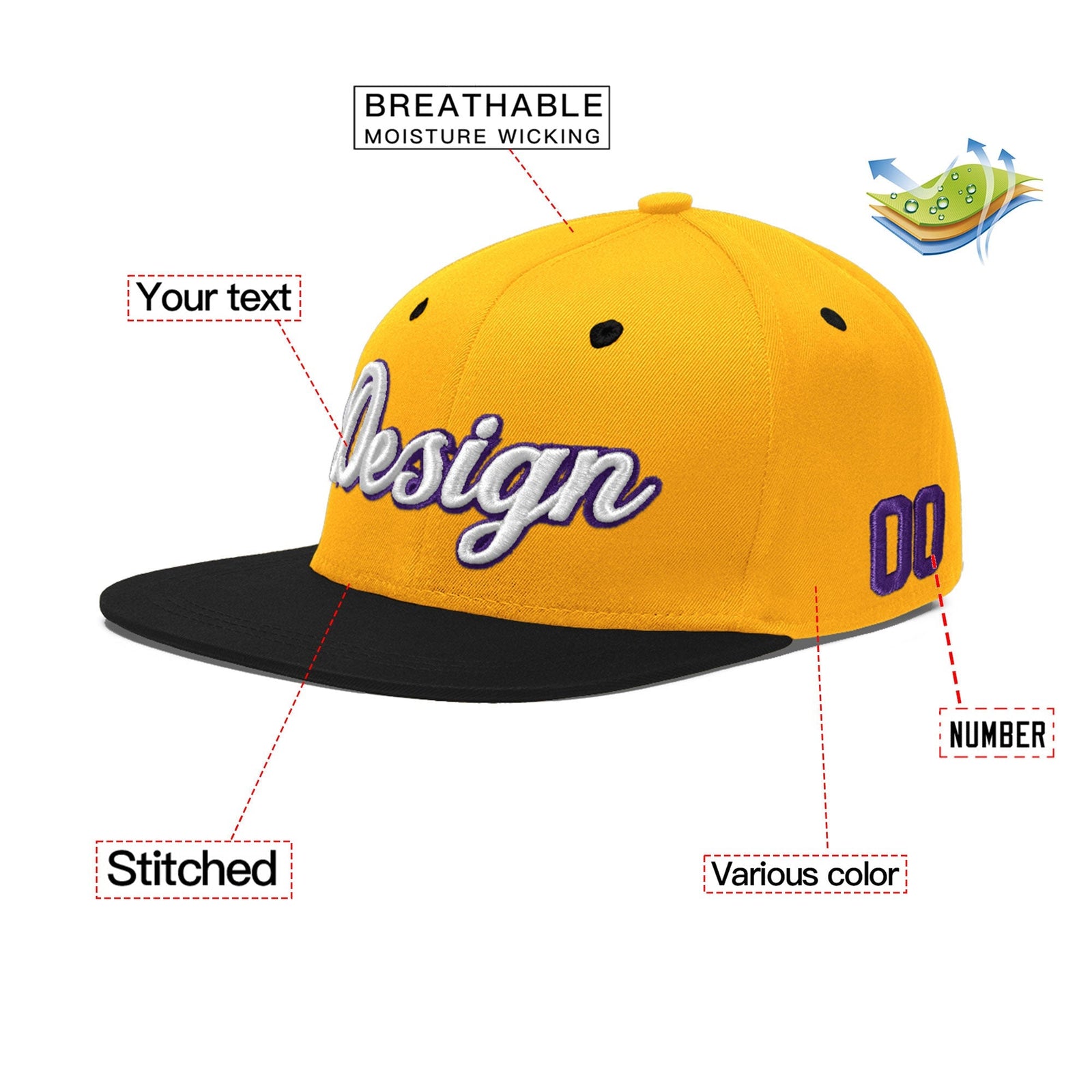 Custom Gold Black 29D Puff Embroidery Flat Embroidery Casual Sport Baseball Cap