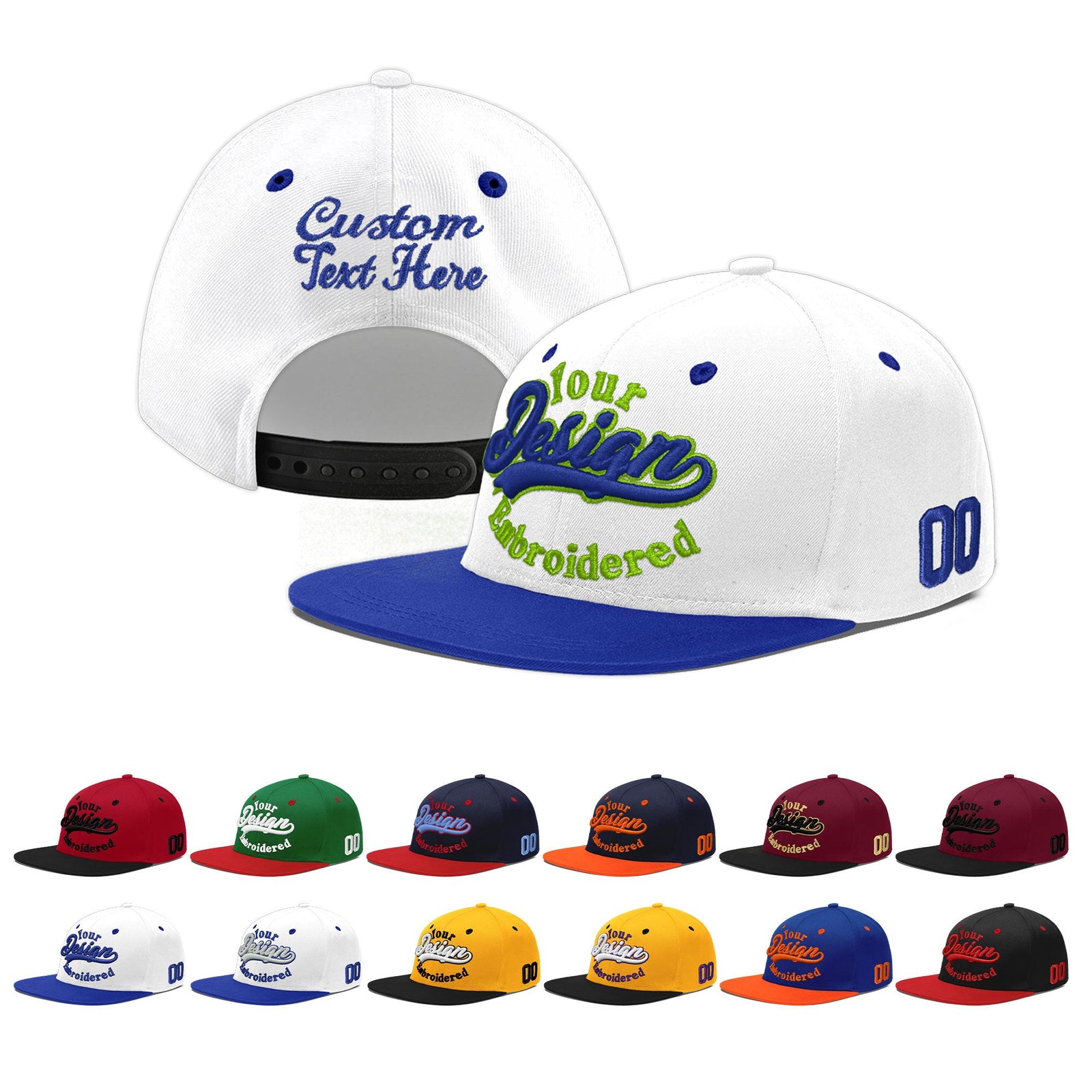 Custom White Royal Blue 163D Puff Embroidery Flat Embroidery Casual Sport Baseball Cap