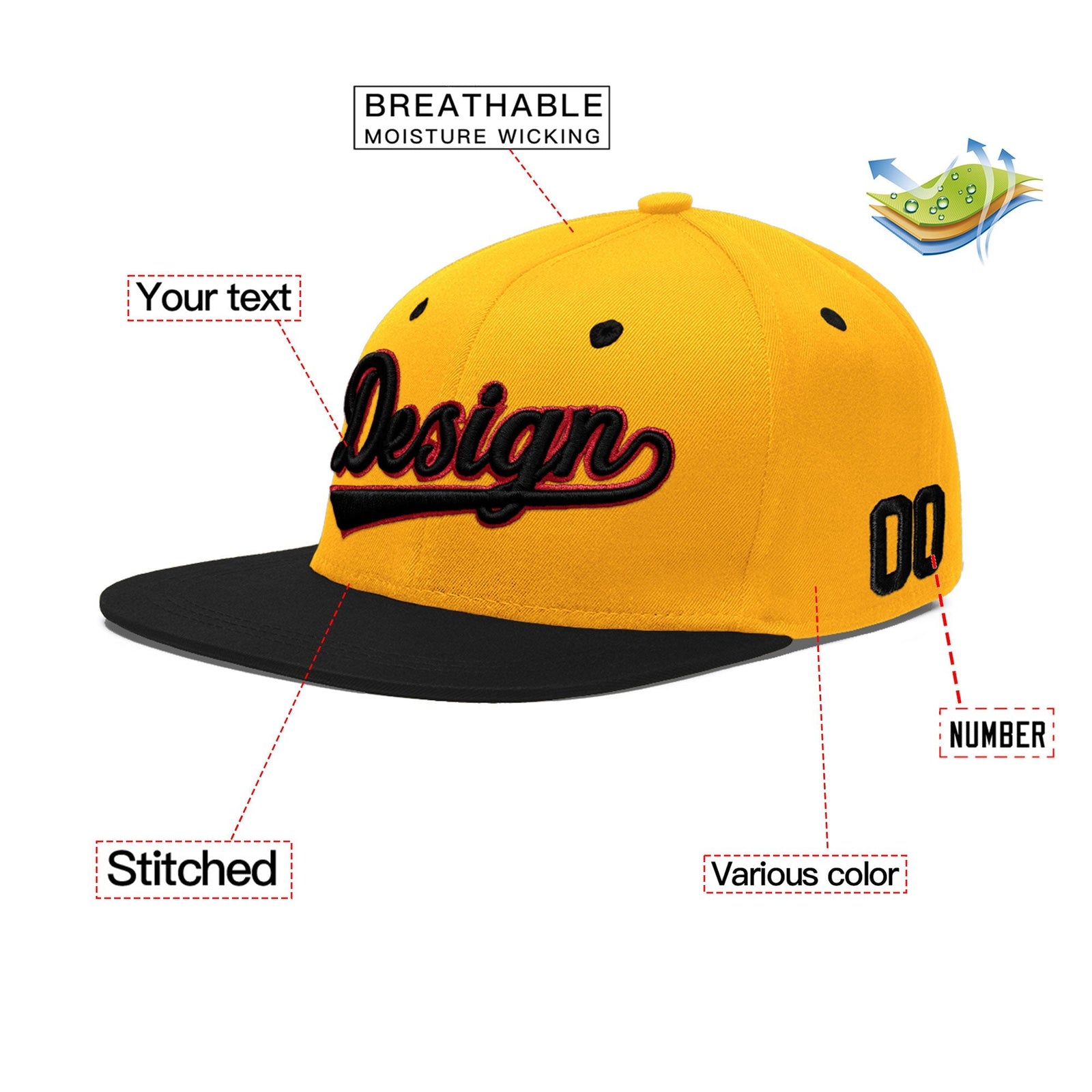 Custom Gold Black 109D Puff Embroidery Flat Embroidery Casual Sport Baseball Cap