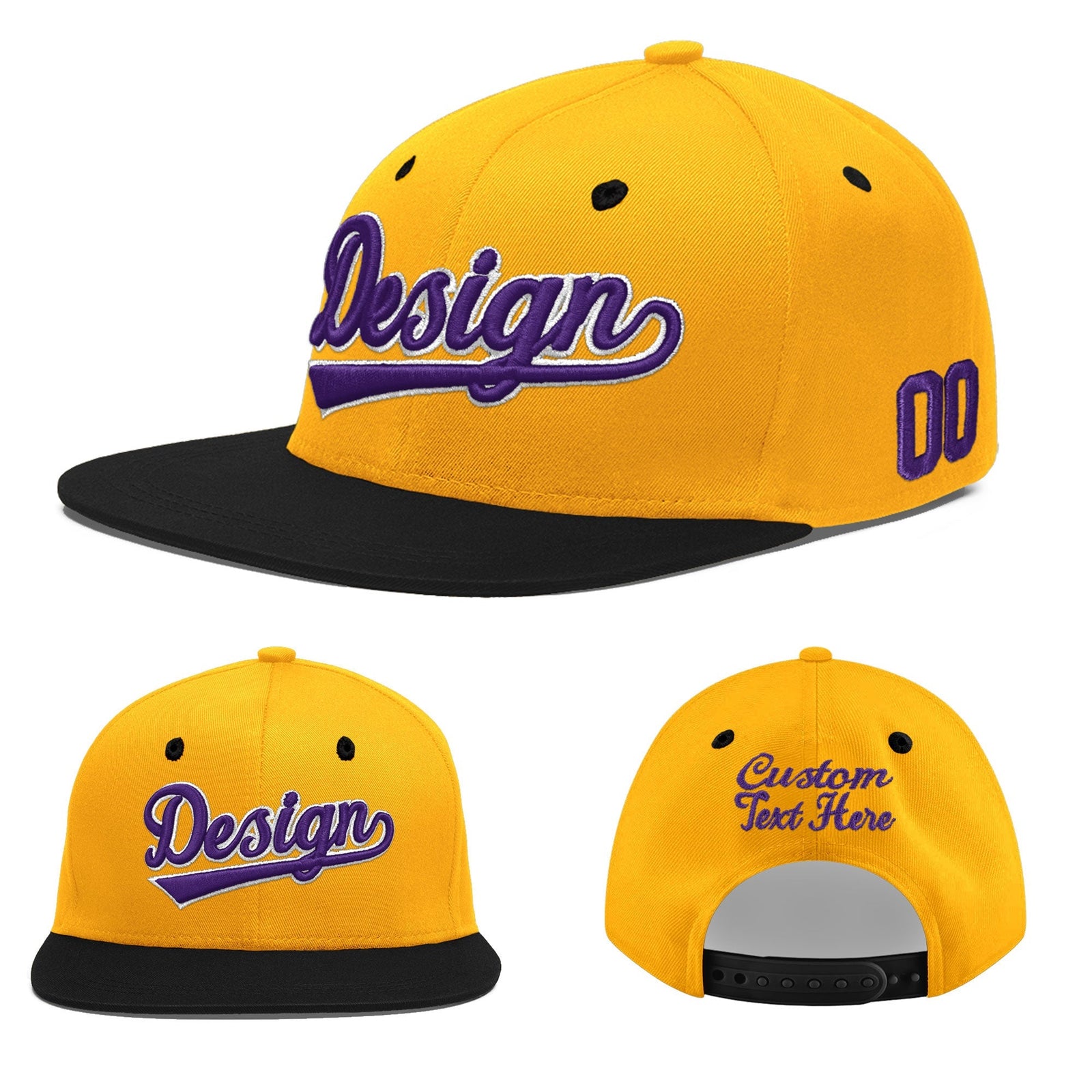 Custom Gold Black 116D Puff Embroidery Flat Embroidery Casual Sport Baseball Cap