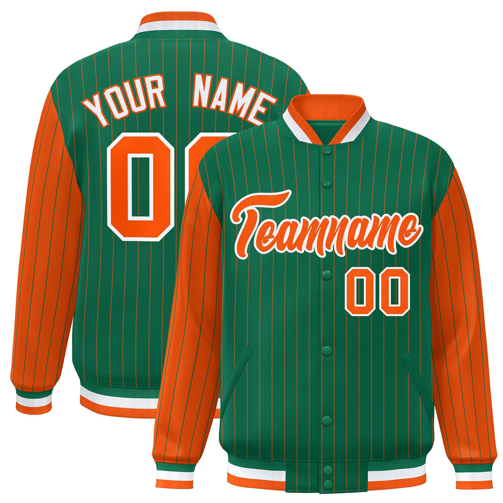 Custom Kelly Green Orange Raglan Sleeves Varsity Full-Snap Pinstripe Letterman Baseball Jacket