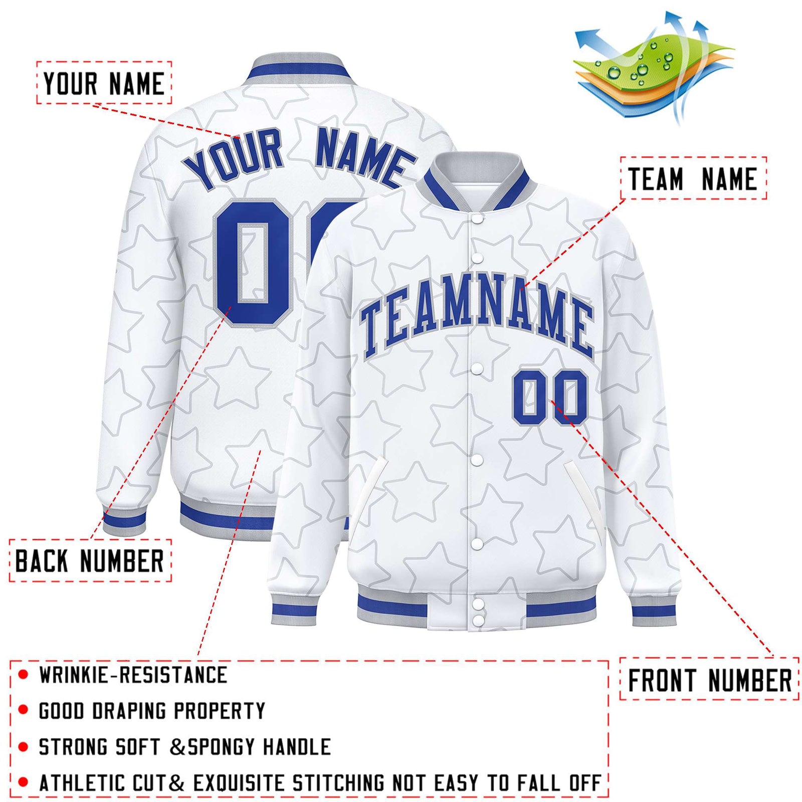 Custom White Gray Varsity Full-Snap Star Pattern Letterman Baseball Jacket