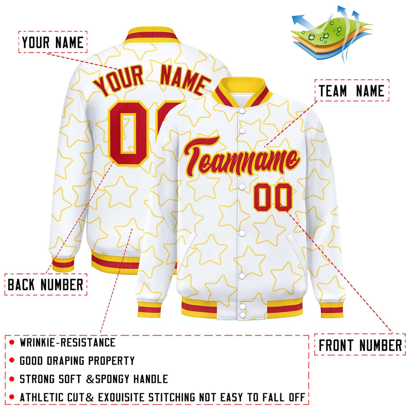 Custom White Gold Varsity Full-Snap Star Pattern Letterman Baseball Jacket