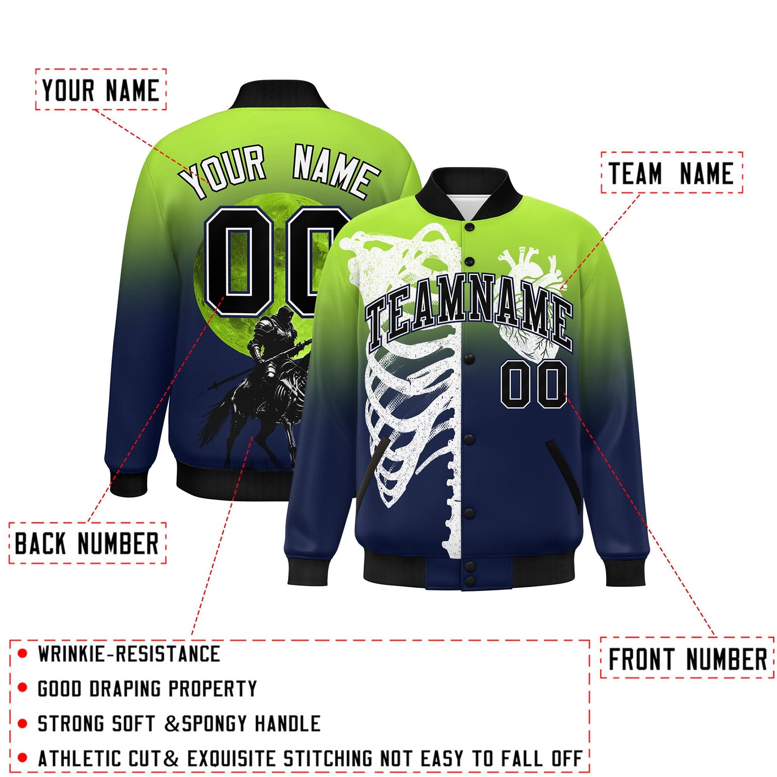 Custom Neon Green Navy Black skeleton Halloween Graffiti Pattern Stretch Fabric Jacket| KXKSHOP