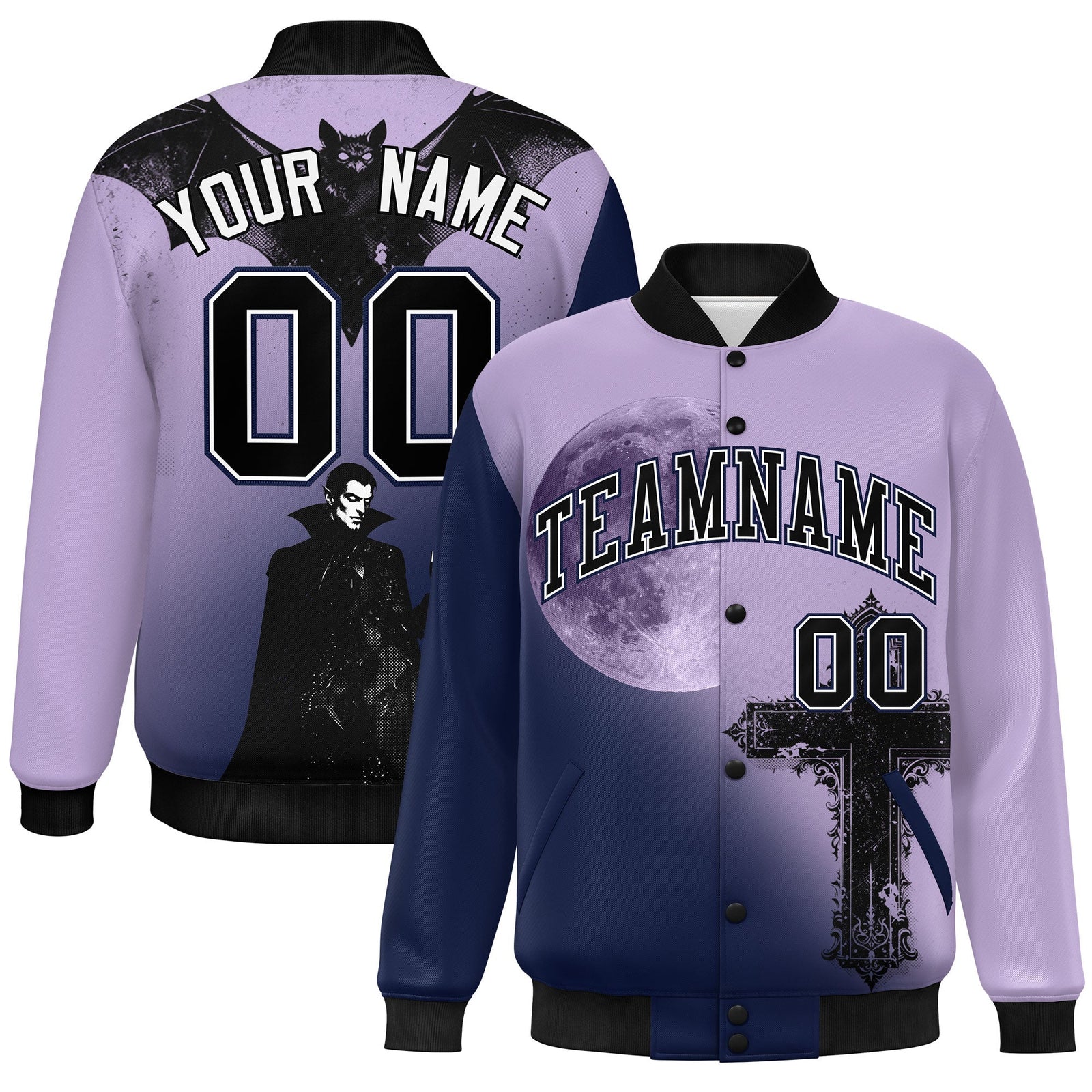 Custom Light Purple Navy Black skeleton Halloween Graffiti Pattern Stretch Fabric Jacket| KXKSHOP