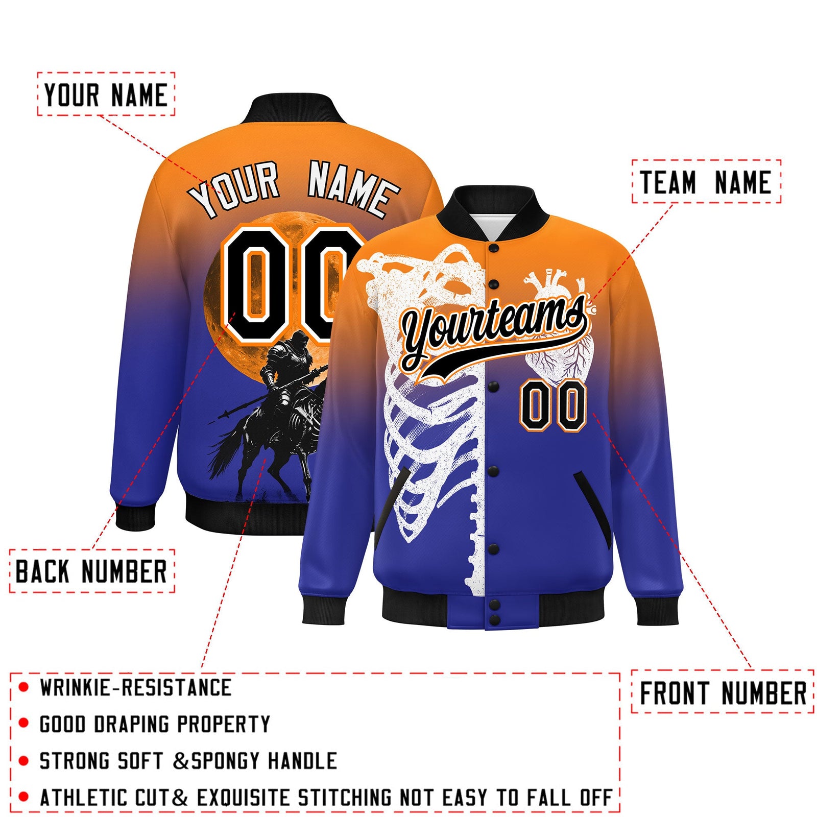 Custom Orange Royal Black skeleton Halloween Graffiti Pattern Moisture-Wicking Jacket| KXKSHOP