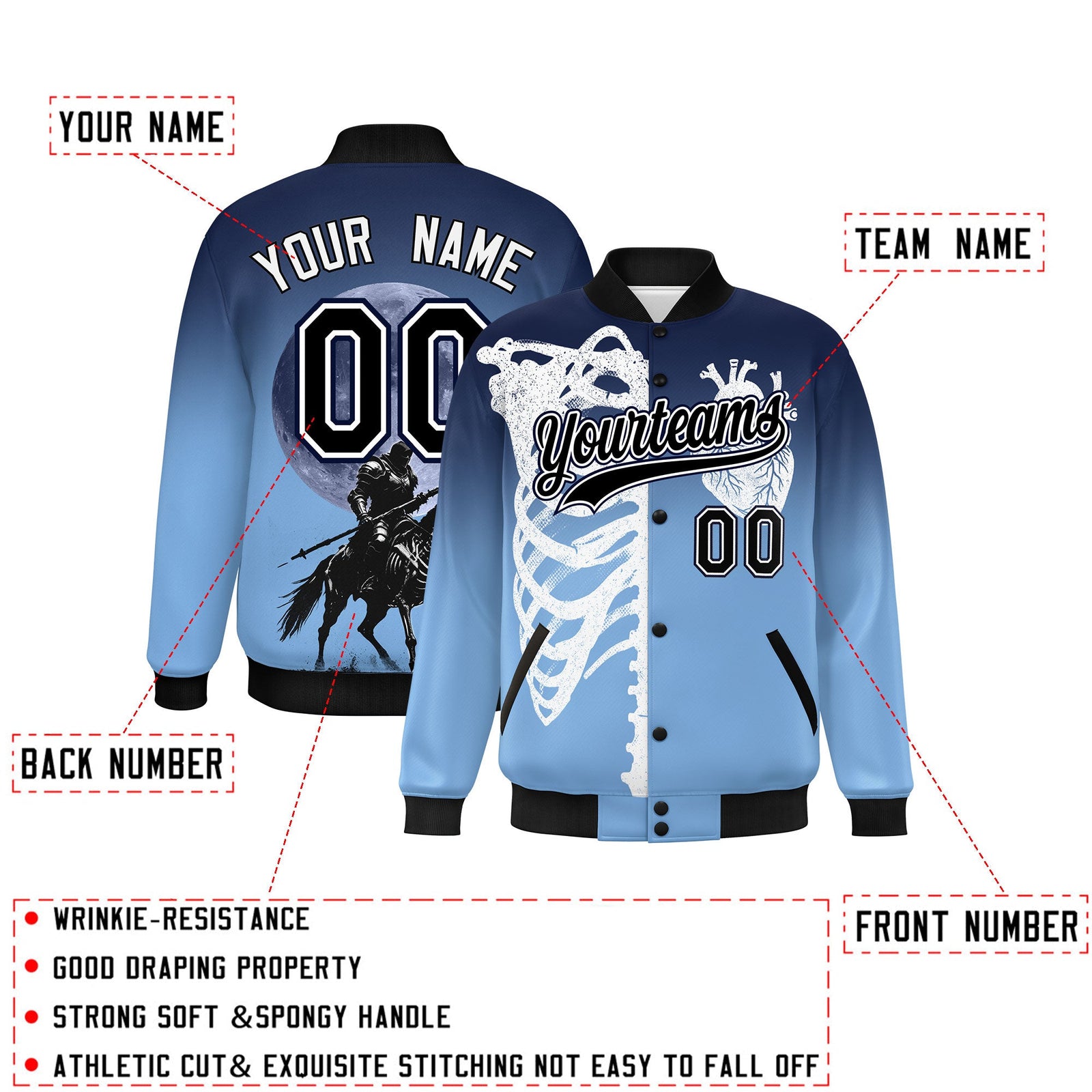 Custom Navy Light Blue Black skeleton Halloween Graffiti Pattern Moisture-Wicking Jacket| KXKSHOP