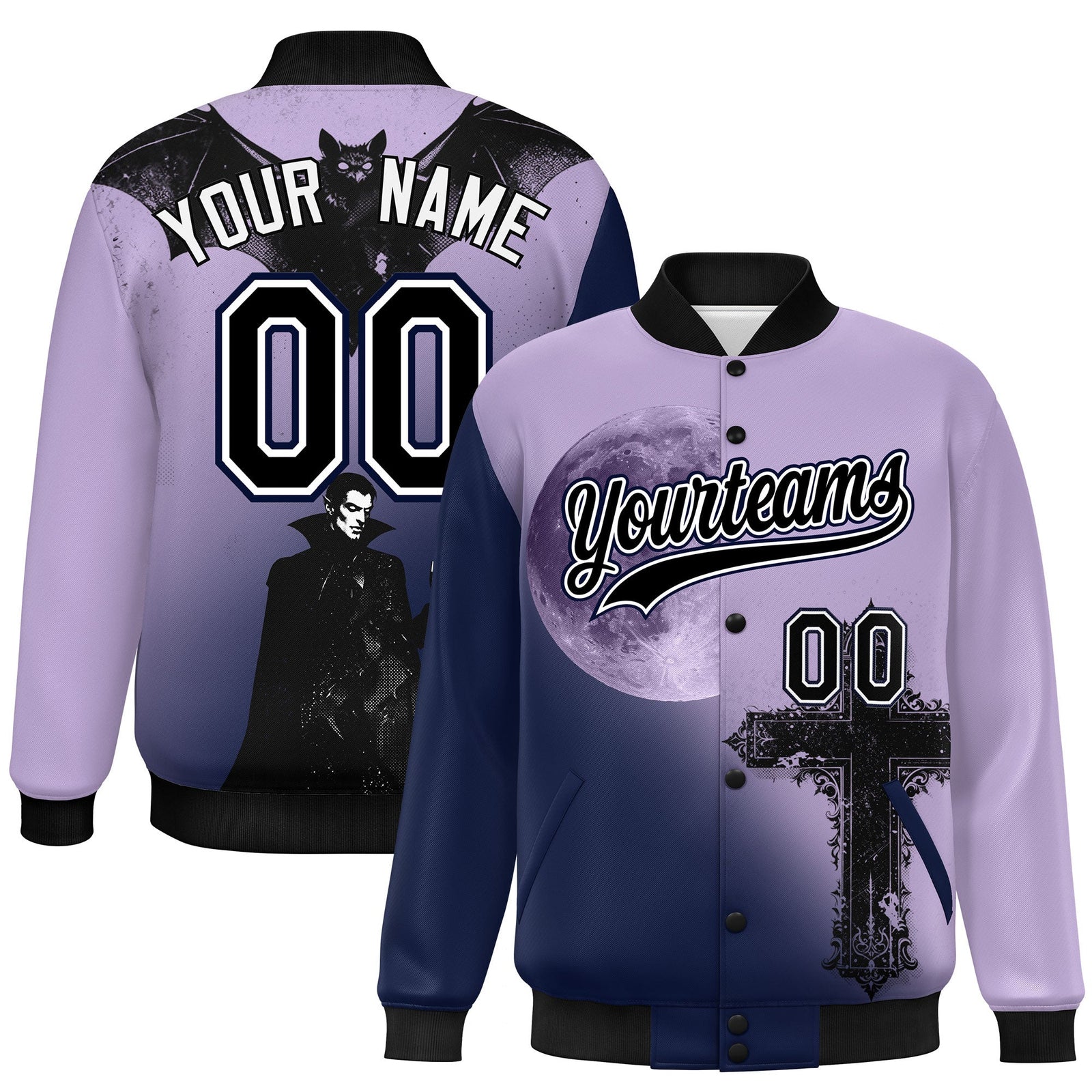 Custom Light Purple Navy Black skeleton Halloween Graffiti Pattern Stretch Fabric Jacket| KXKSHOP