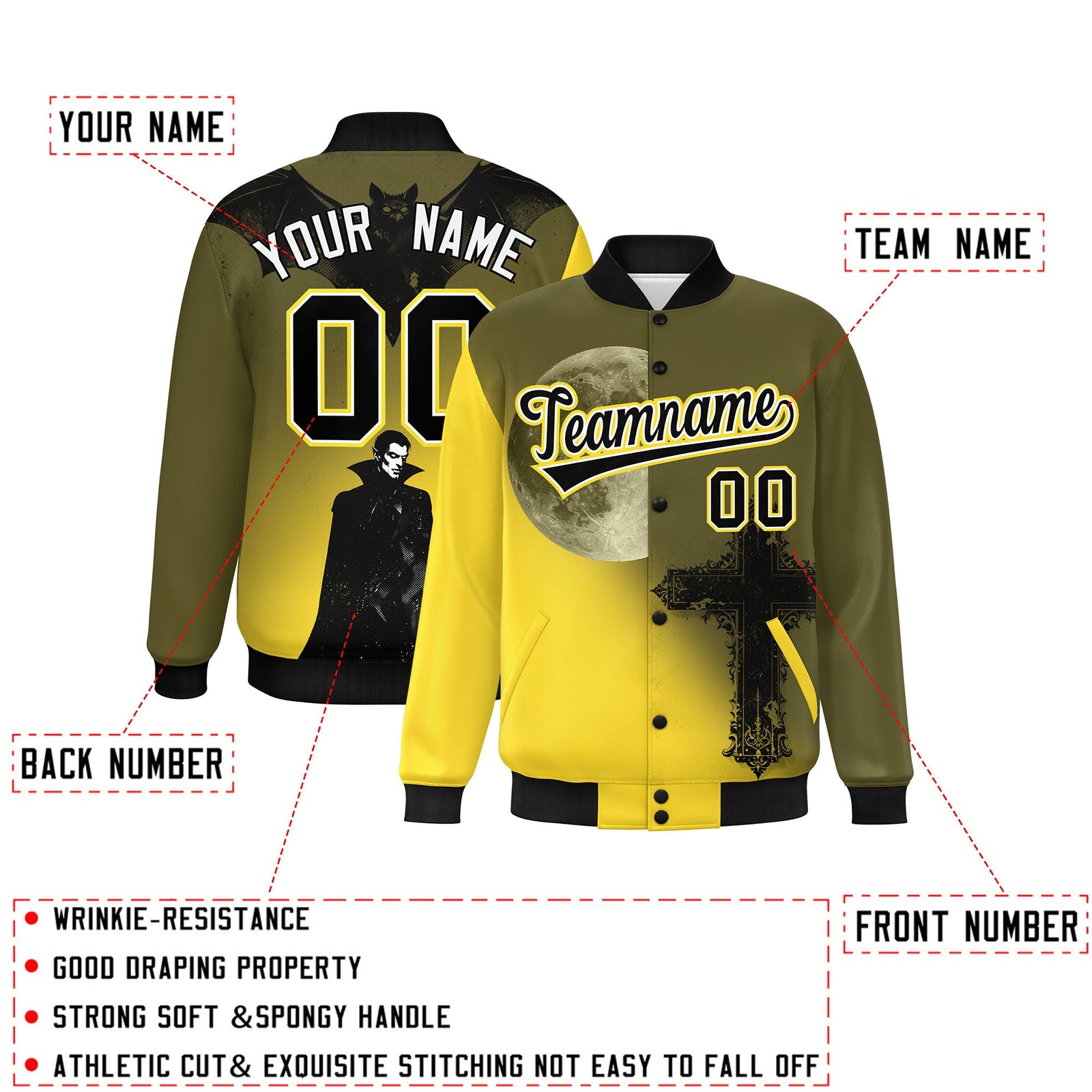 Custom Olive Gold Black skeleton Halloween Graffiti Pattern Moisture-Wicking Jacket| KXKSHOP