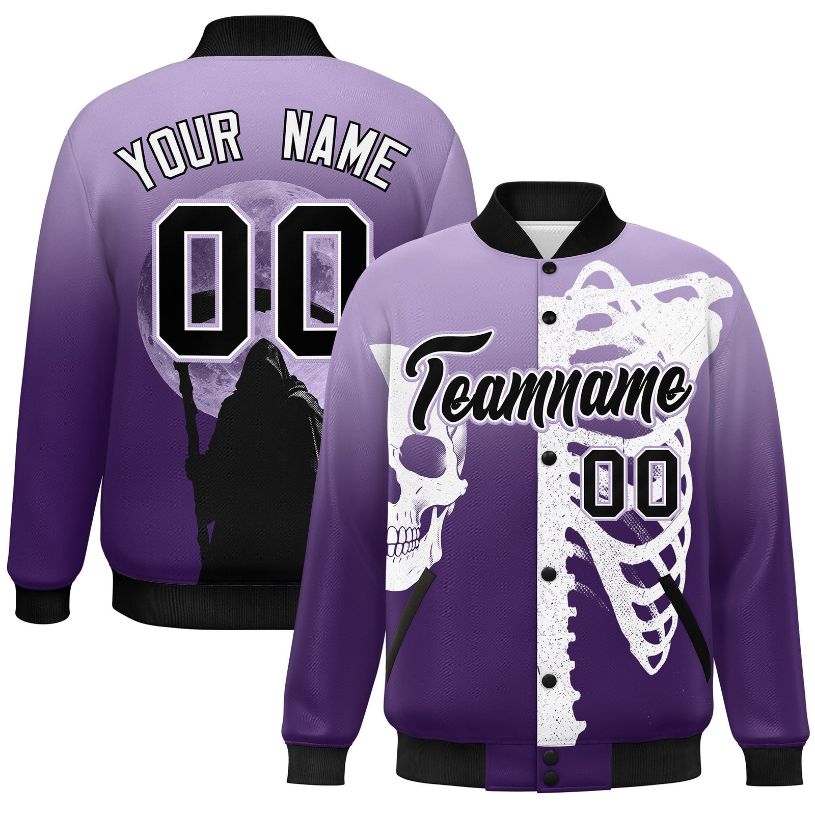 Custom Light Purple Purple Black skeleton Halloween Graffiti Pattern Stretch Fabric Jacket| KXKSHOP