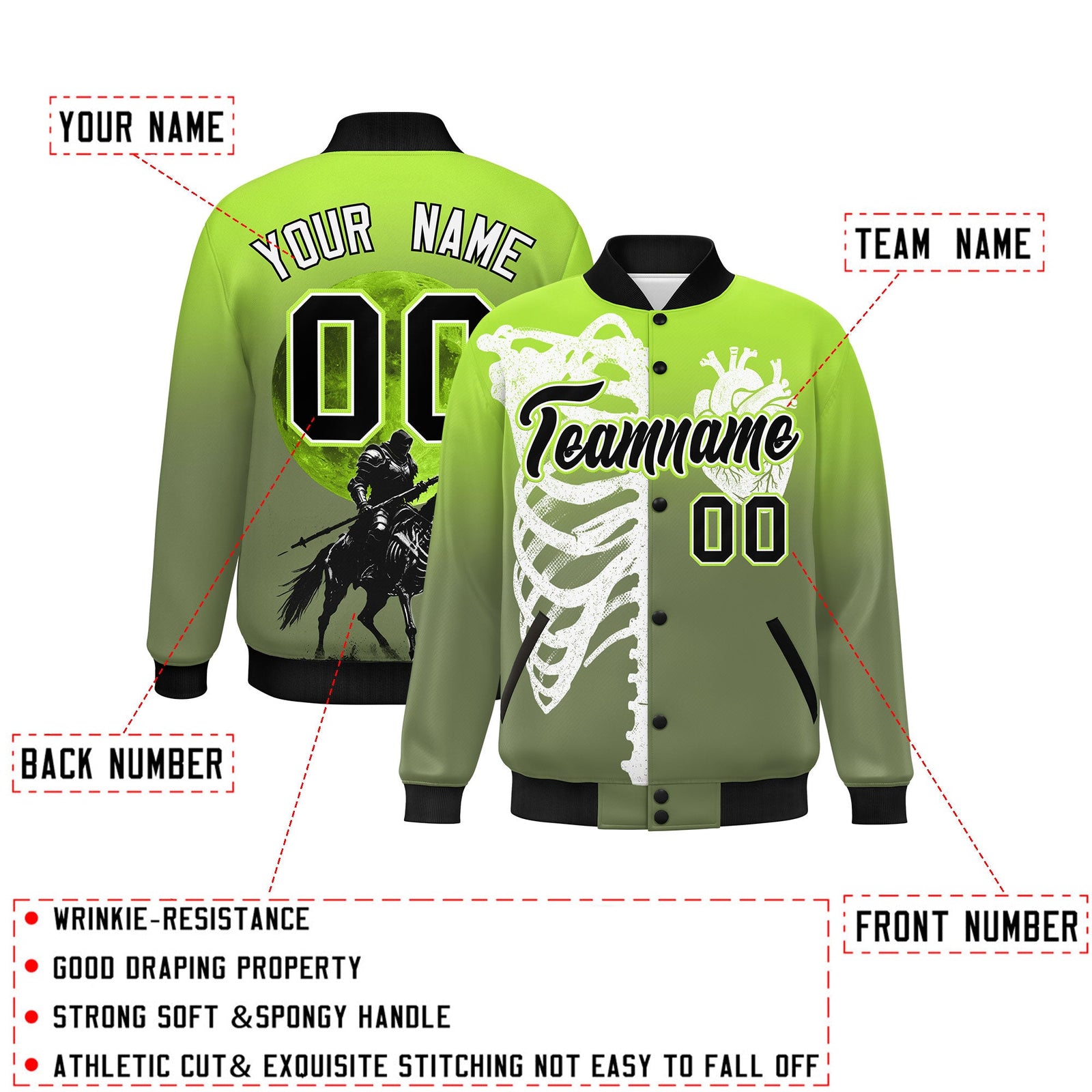 Custom Neon Green Black White skeleton Halloween Graffiti Pattern Moisture-Wicking Jacket| KXKSHOP