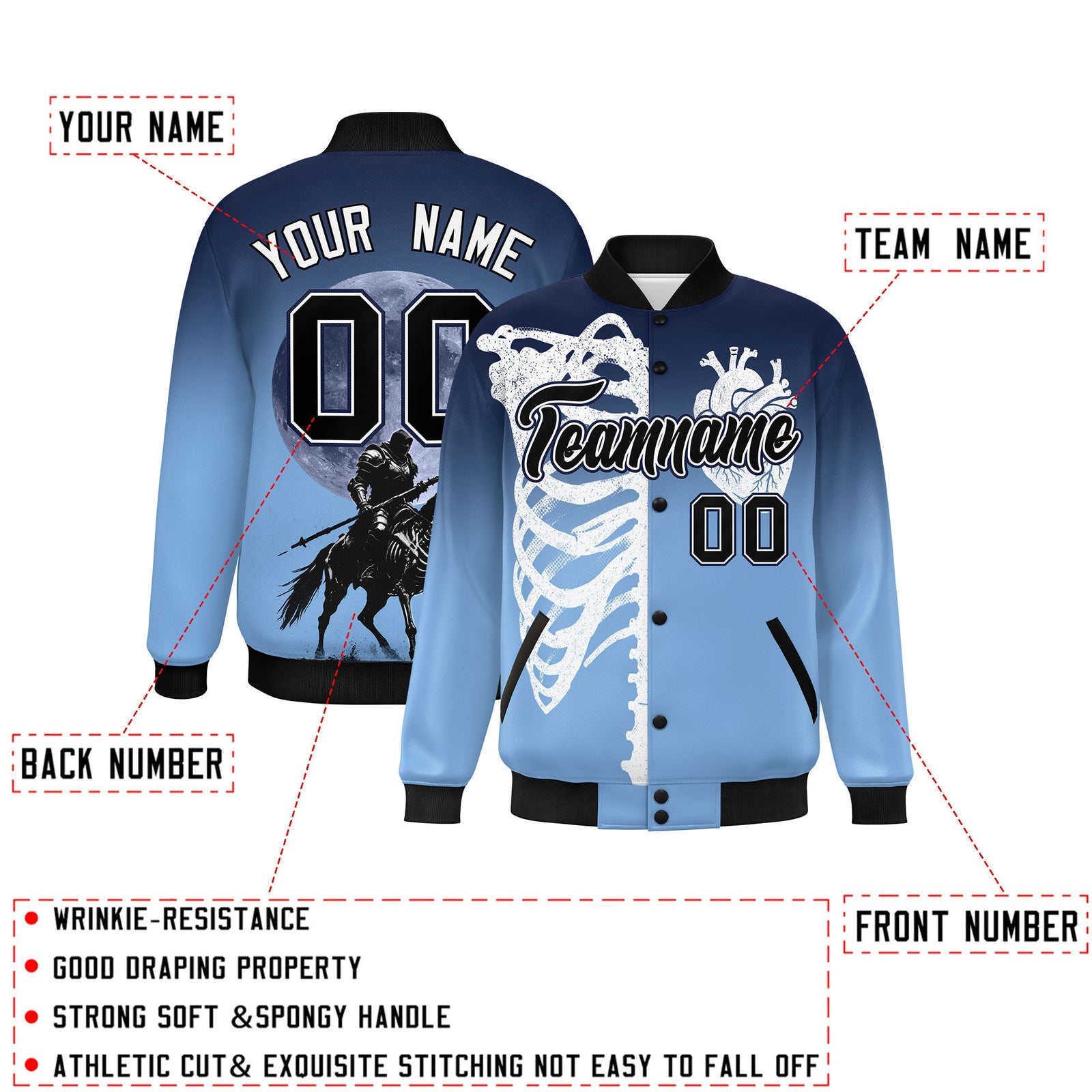 Custom Navy Light Blue Black skeleton Halloween Graffiti Pattern Moisture-Wicking Jacket| KXKSHOP