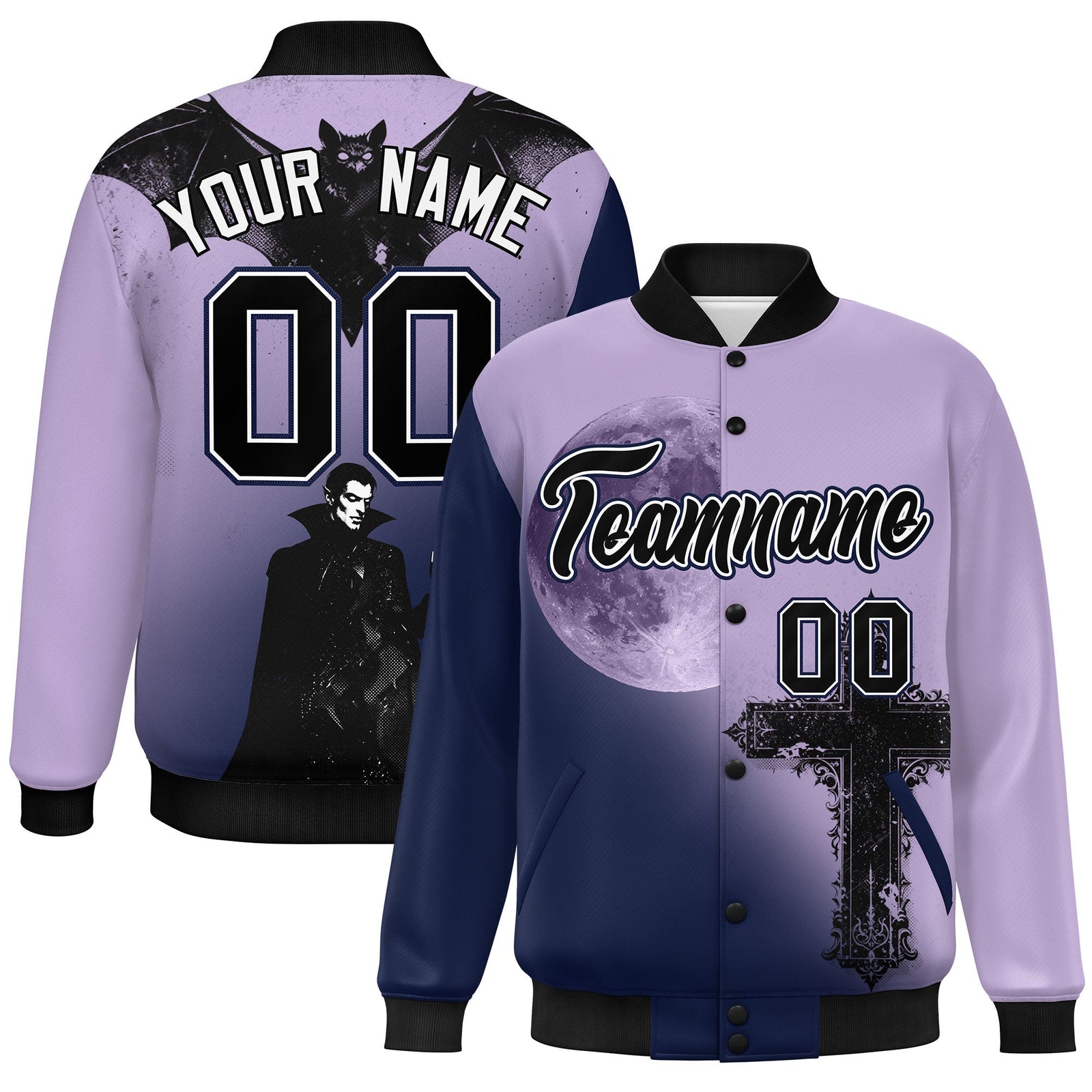 Custom Light Purple Navy Black skeleton Halloween Graffiti Pattern Stretch Fabric Jacket| KXKSHOP