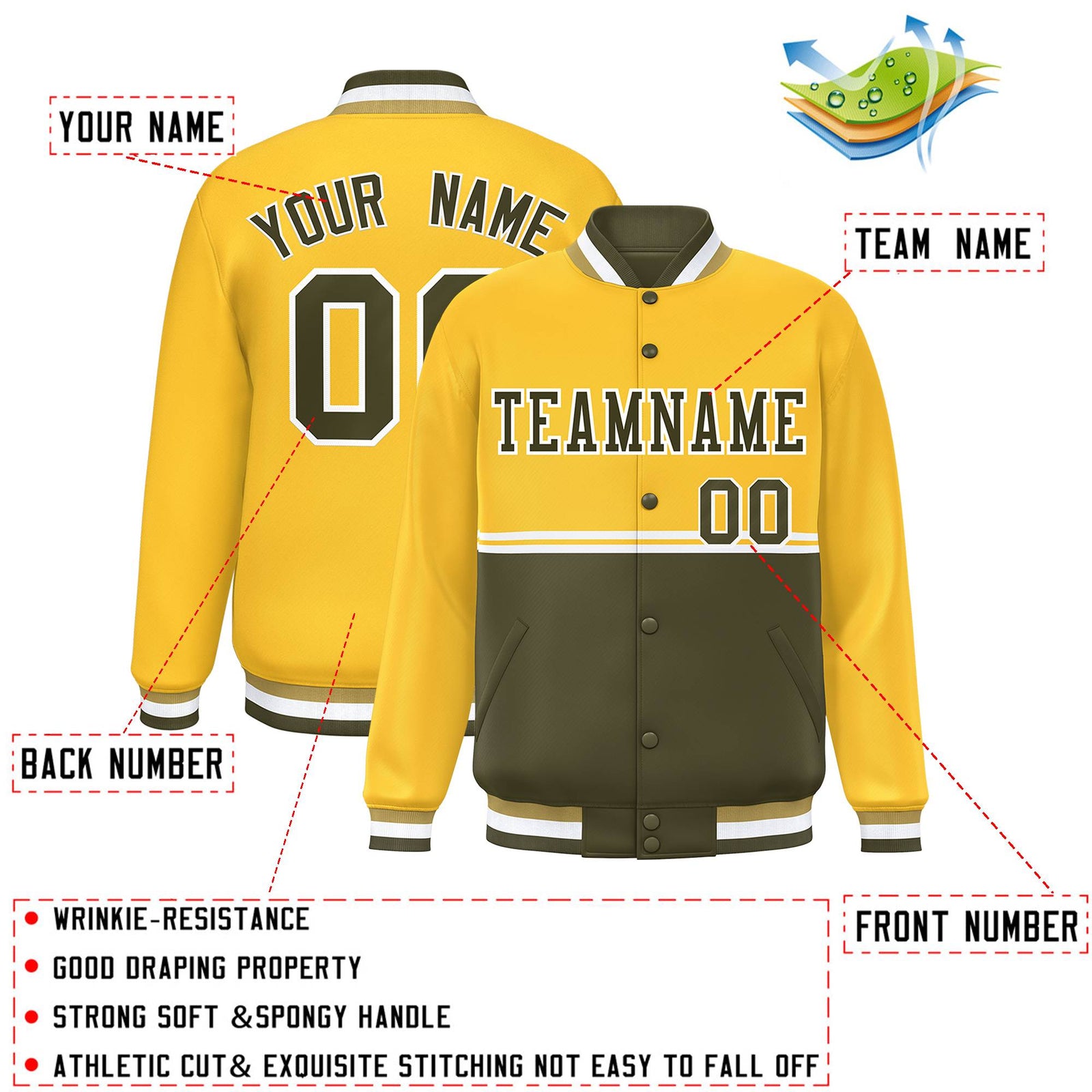 Custom Gold Olive Varsity Full-Snap Color Block Letterman Jacket