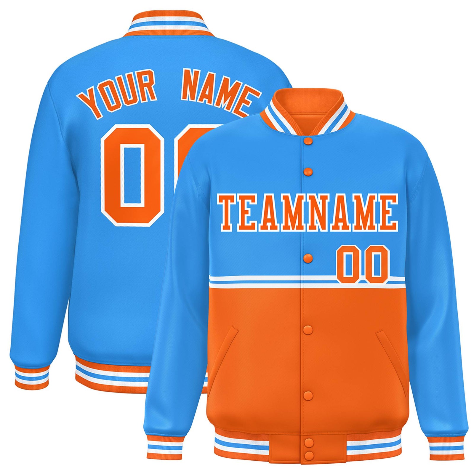 Custom Powder Blue Orange Varsity Full-Snap Color Block Letterman Jacket
