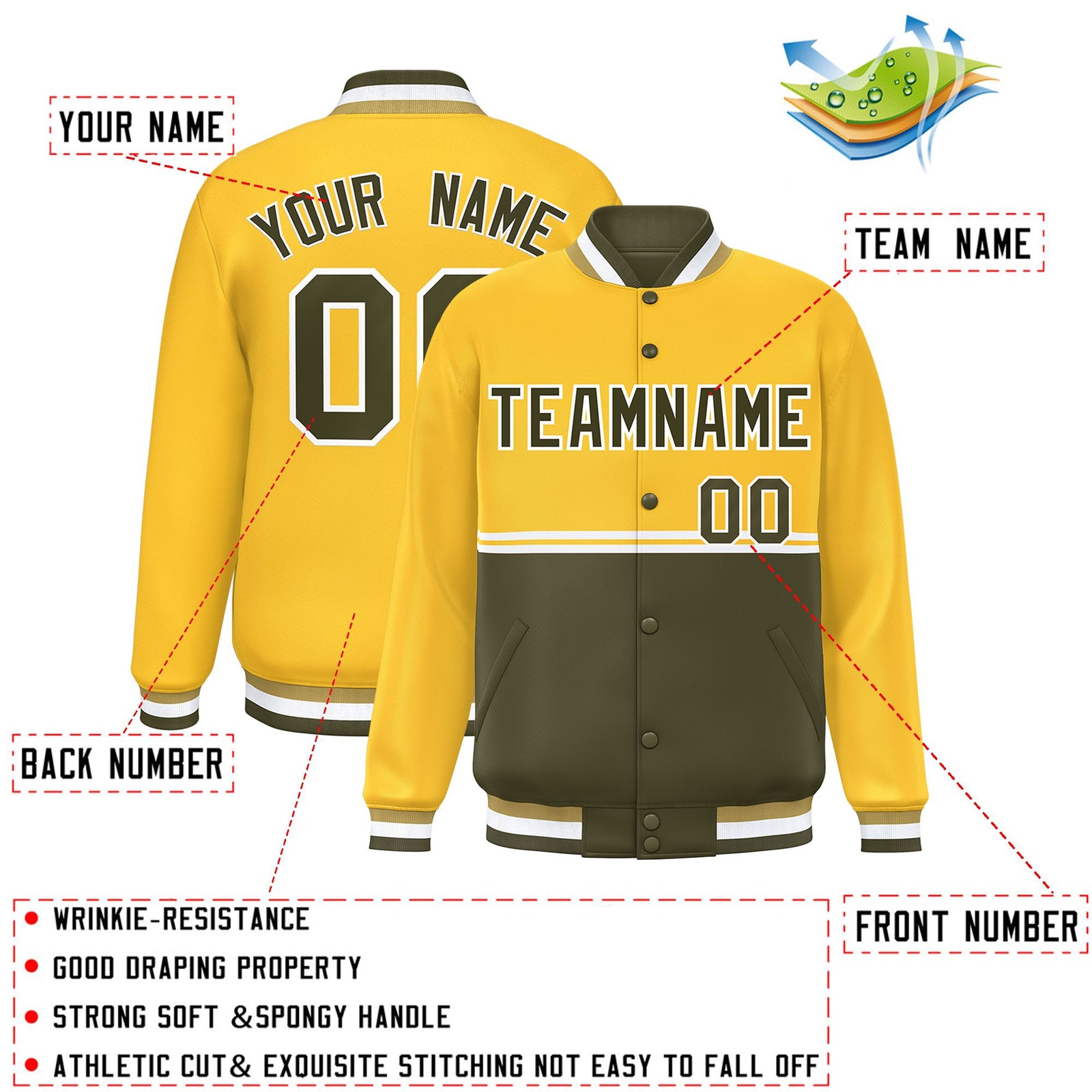 Custom Gold Olive Varsity Full-Snap Color Block Letterman Jacket