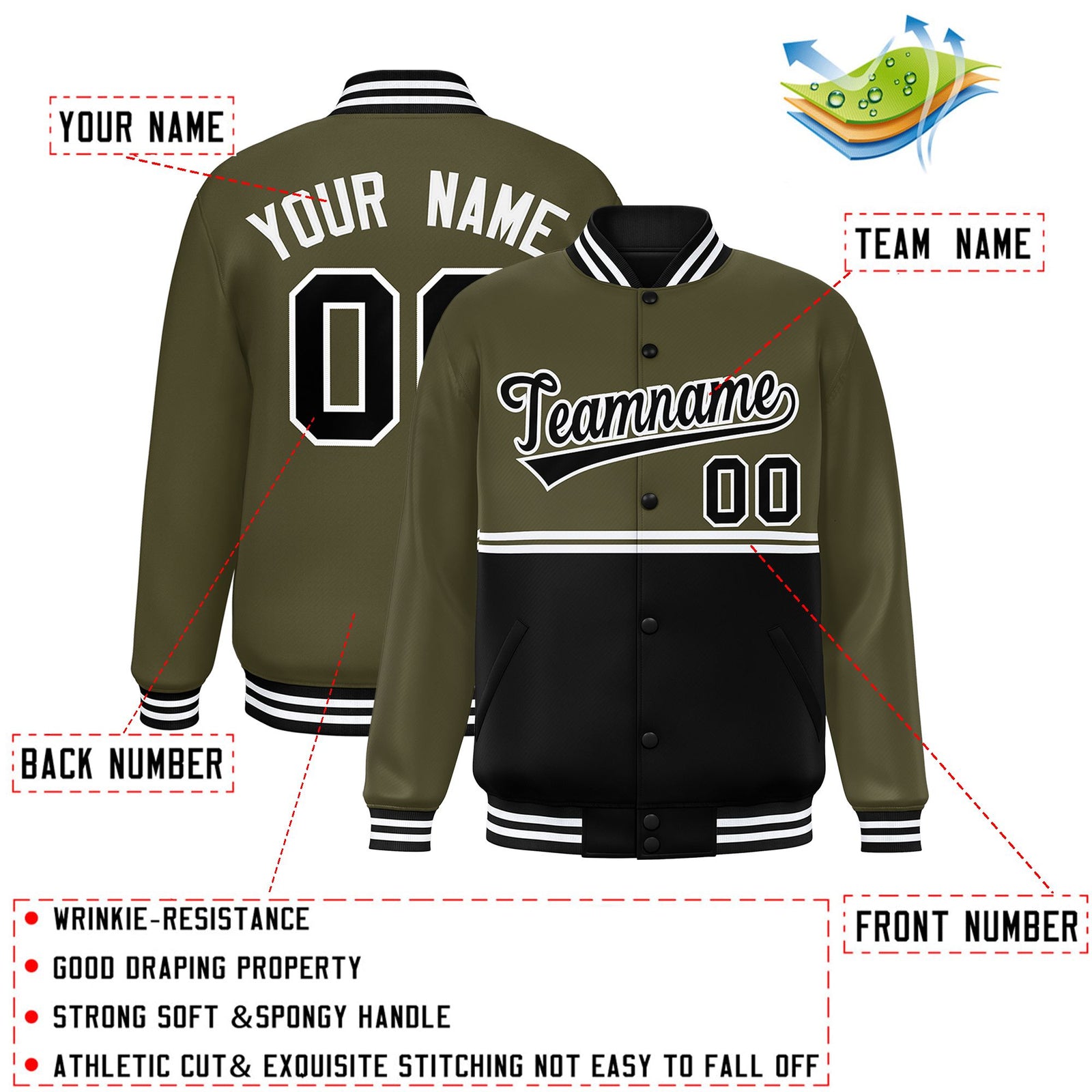 Custom Olive Black Varsity Full-Snap Color Block Letterman Jacket