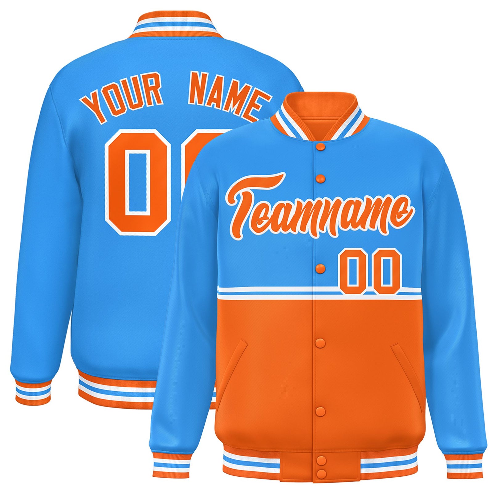 Custom Powder Blue Orange Varsity Full-Snap Color Block Letterman Jacket