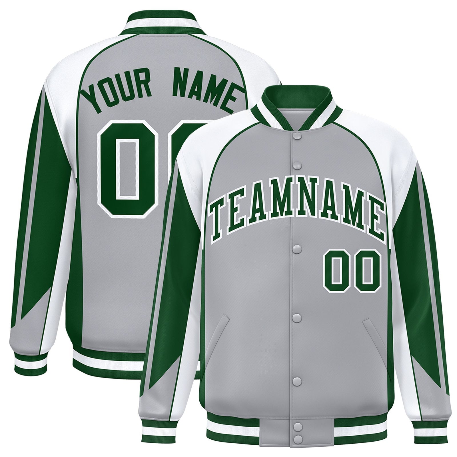 Custom Gray White Varsity Full-Snap Personalized Raglan Sleeves Color Block Letterman Jacket