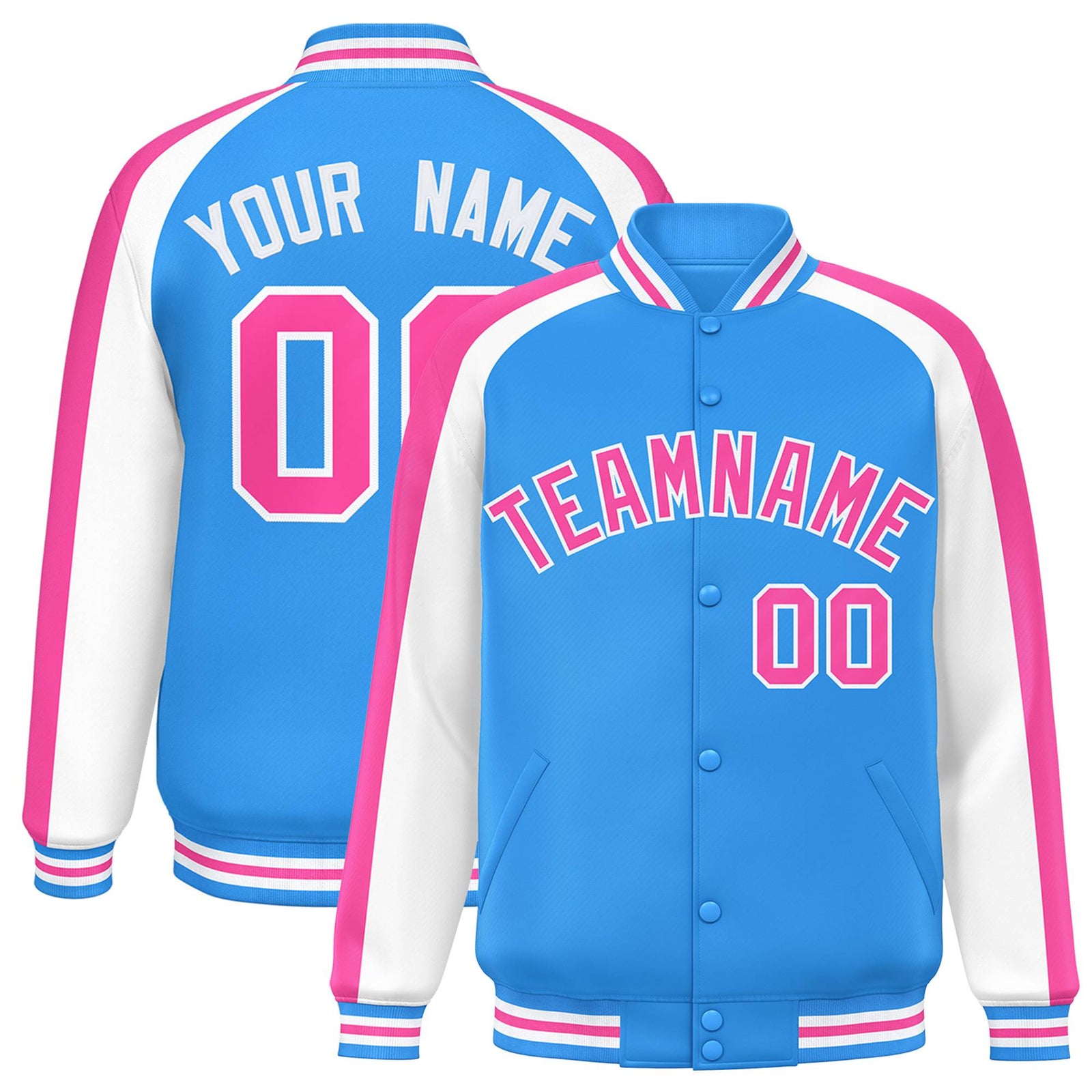 Custom Powder Blue White Varsity Full-Snap Color Block Personalized Raglan Sleeves Letterman Jacket