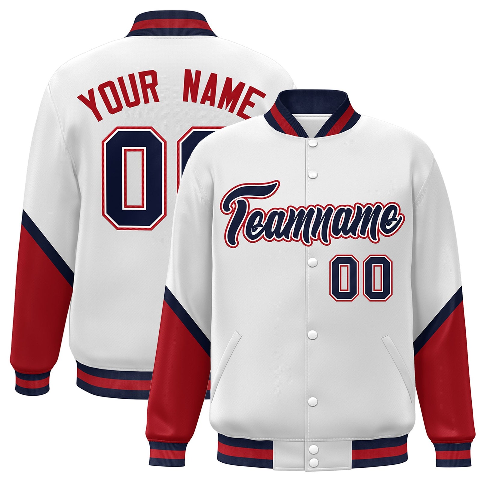 Custom White Red Varsity Full-Snap Color Block Letterman Baseball Jacket