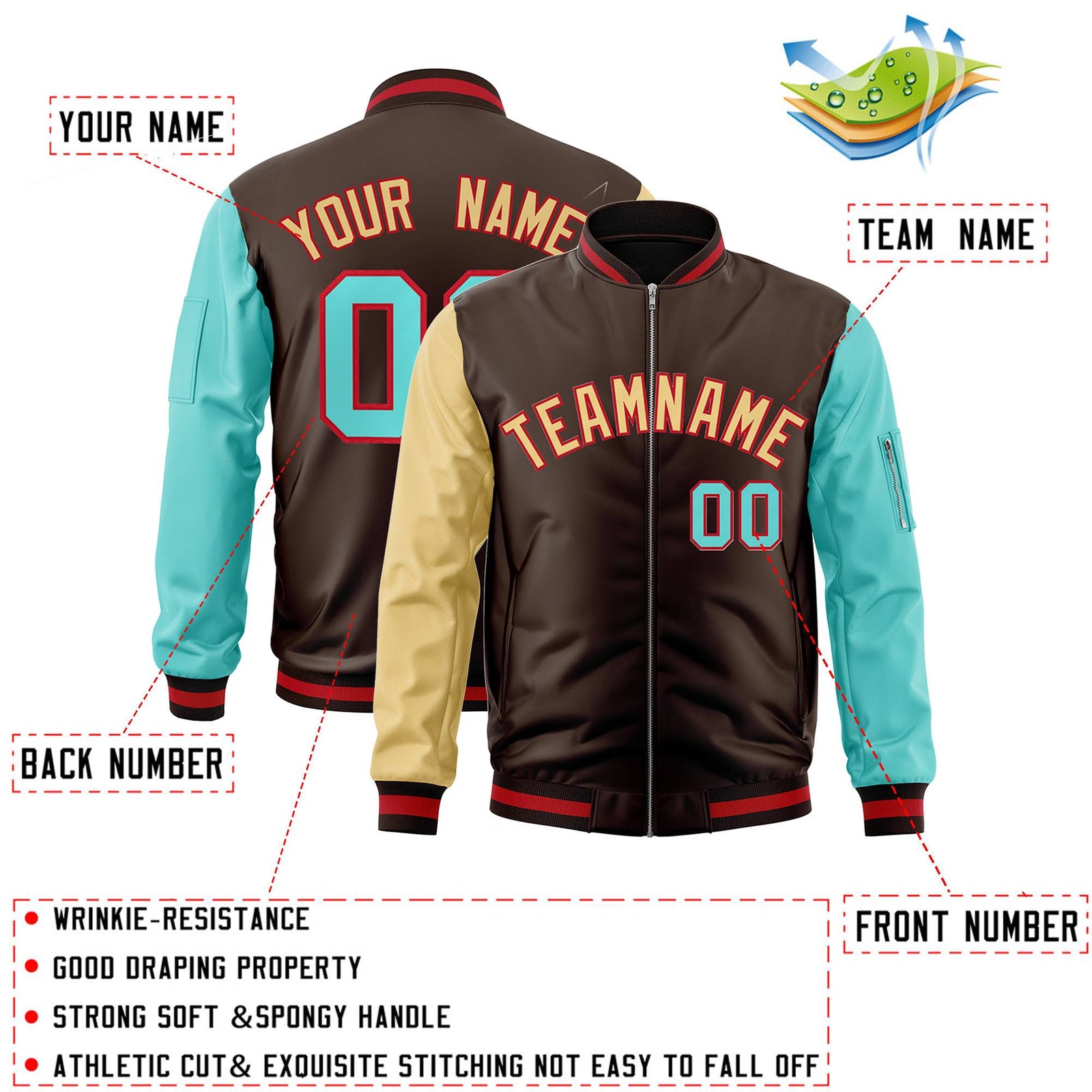 Custom Brown Bright Green-Khaki Varsity Full-Zip Raglan Sleeves Letterman Bomber Jacket