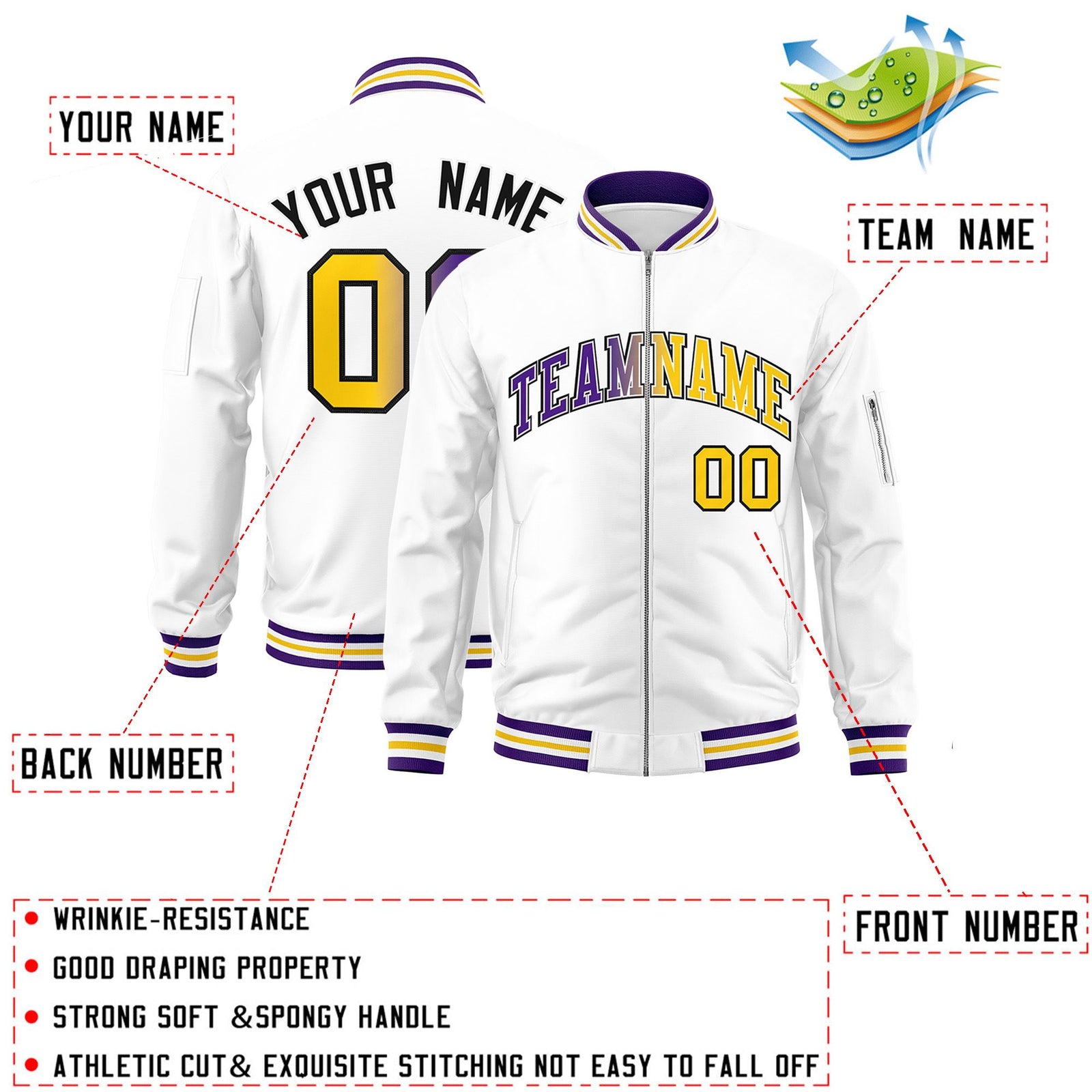Custom White Full-Zip Gradient Fashion Letterman Bomber Jacket