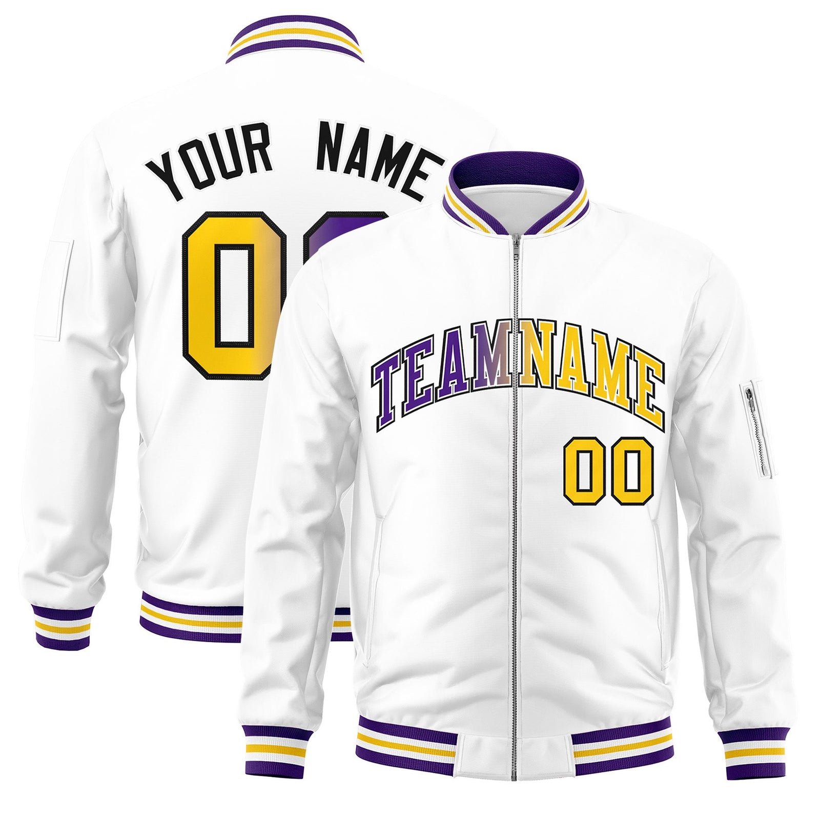 Custom White Full-Zip Gradient Fashion Letterman Bomber Jacket