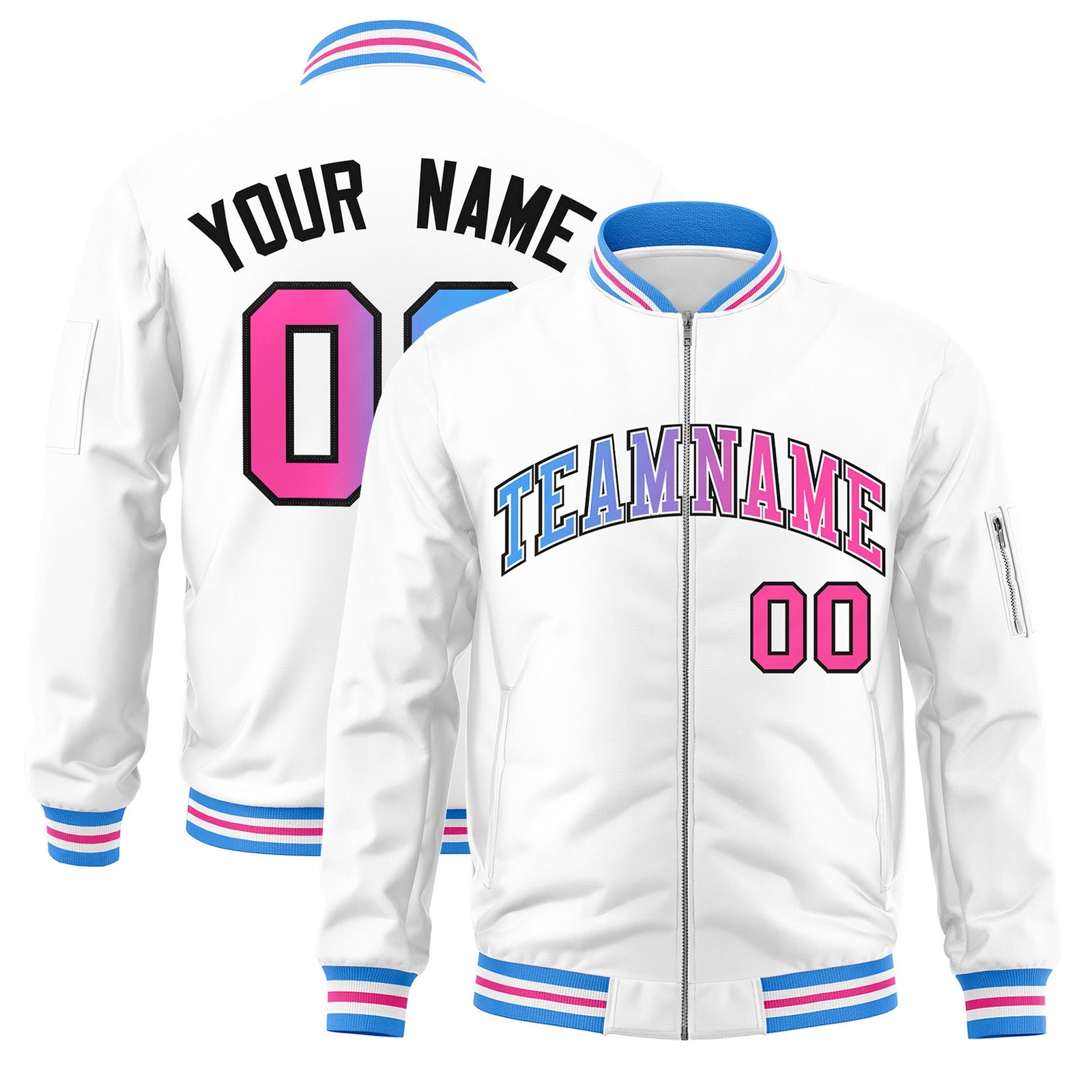Custom White Full-Zip Gradient Fashion Letterman Bomber Jacket