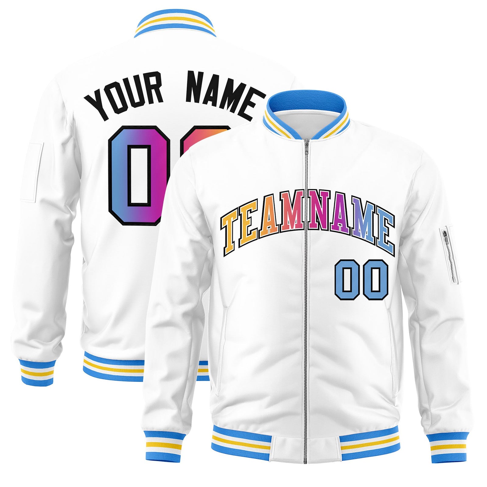 Custom White Full-Zip Gradient Fashion Letterman Bomber Jacket