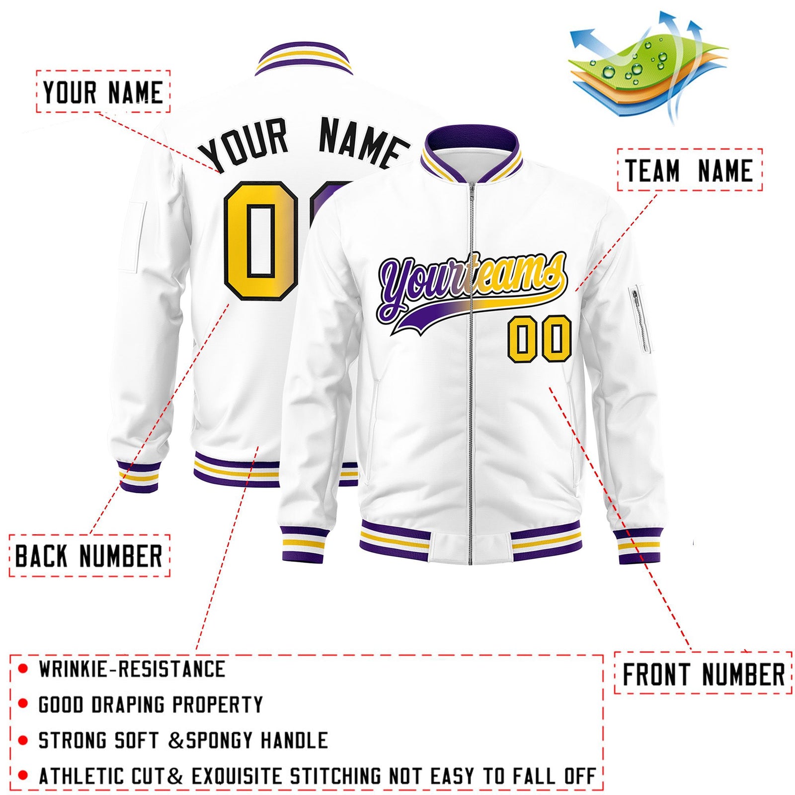 Custom White Full-Zip Gradient Fashion Letterman Bomber Jacket