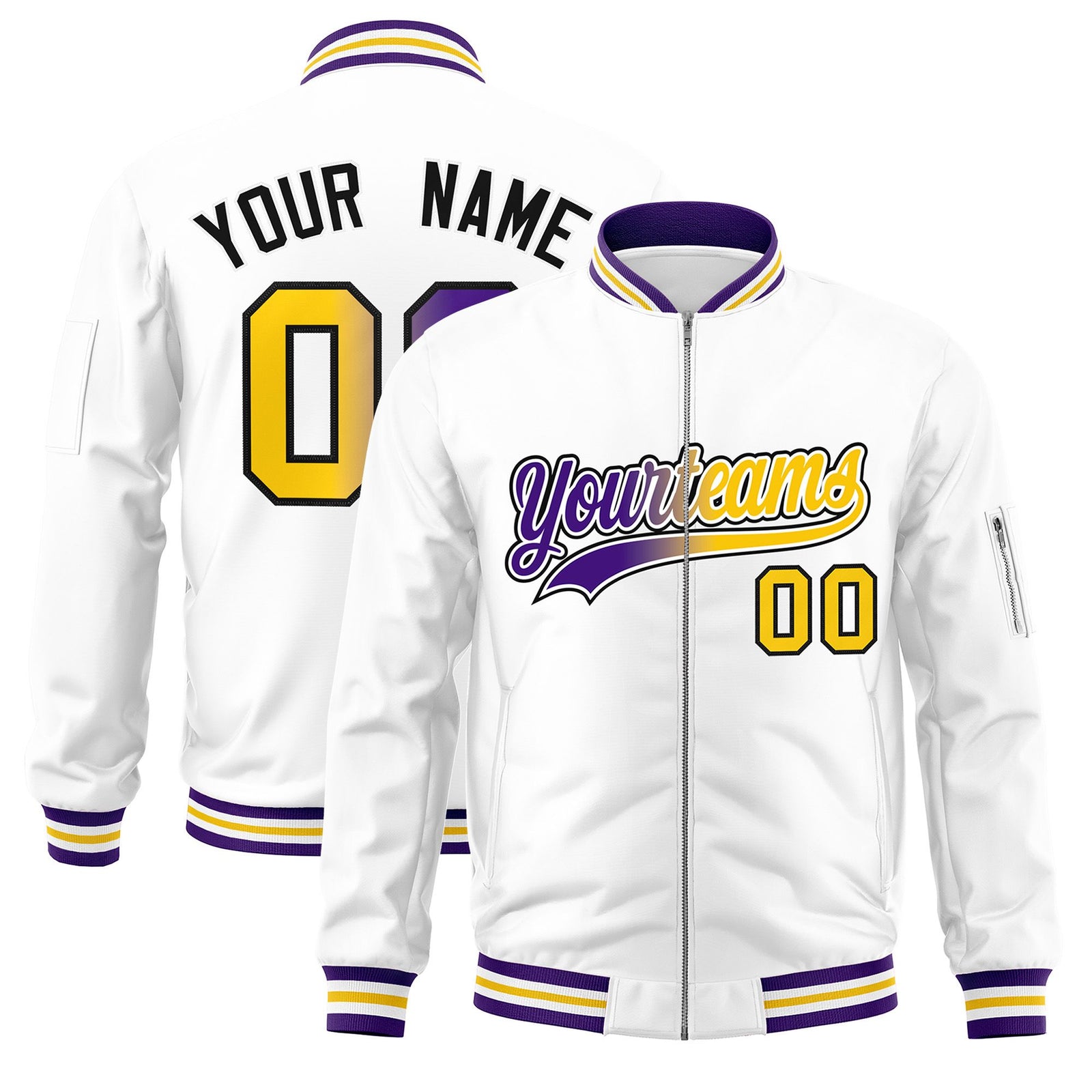 Custom White Full-Zip Gradient Fashion Letterman Bomber Jacket