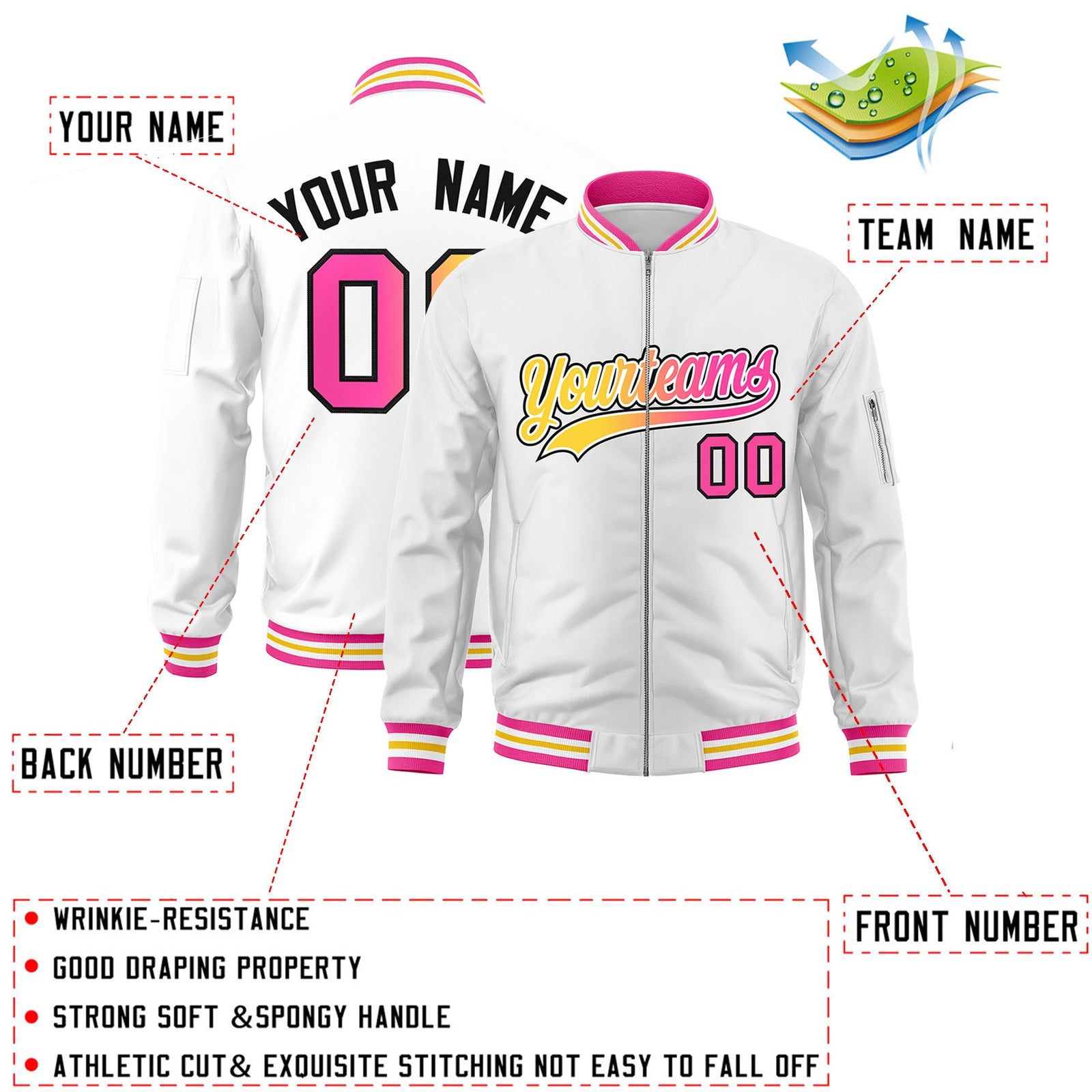 Custom White Full-Zip Gradient Fashion Letterman Bomber Jacket